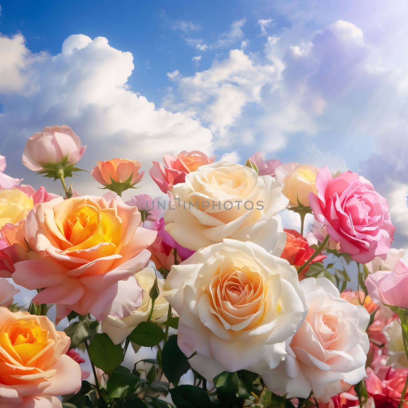 A bouquet of white and pink roses against the sky. Flowering flowers, a symbol of spring, new life. A joyful time of nature waking up to life.