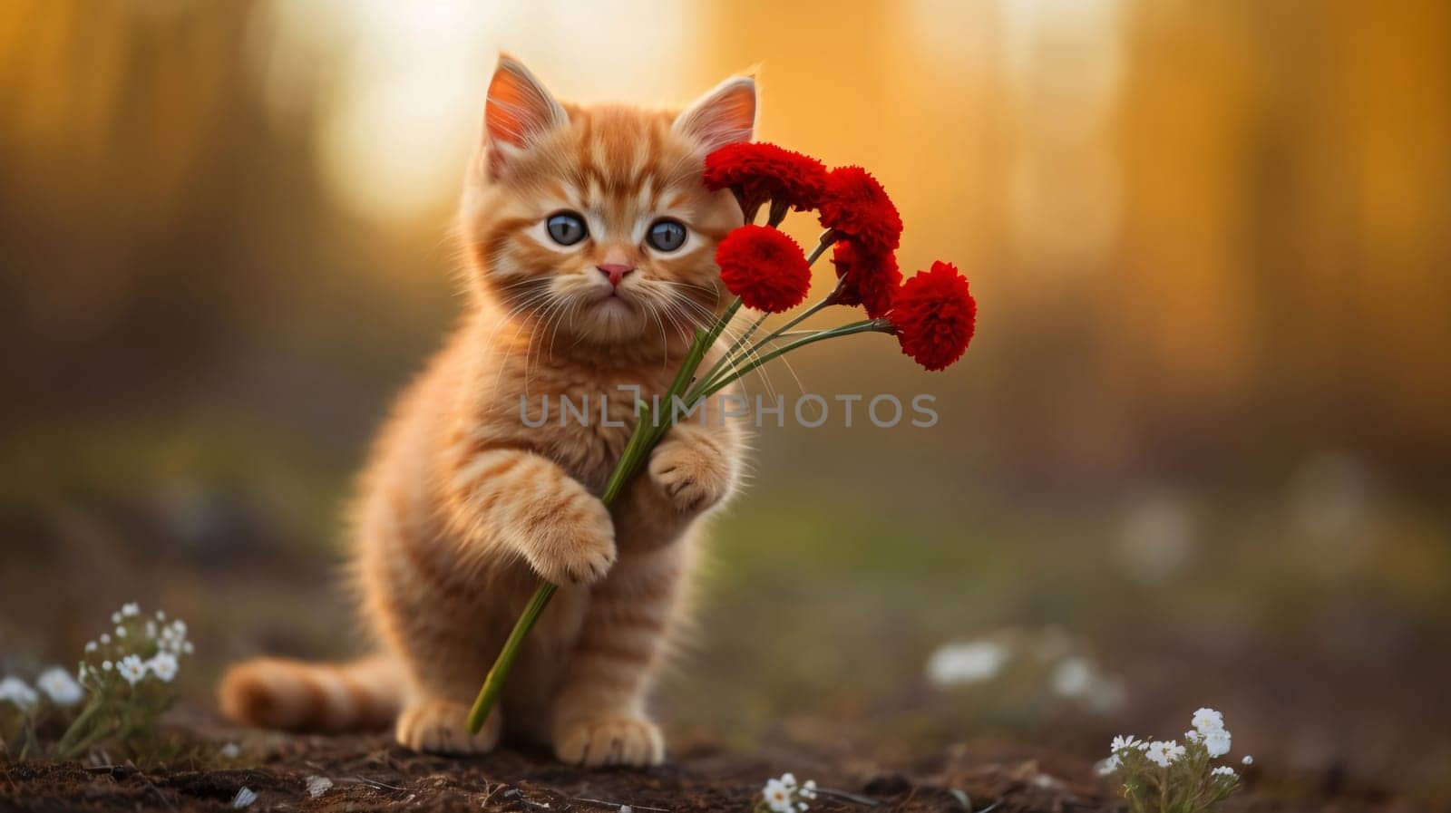 Tiny red kitten holding red flowers in its paws, blurred forest background. Flowering flowers, a symbol of spring, new life. A joyful time of nature waking up to life.