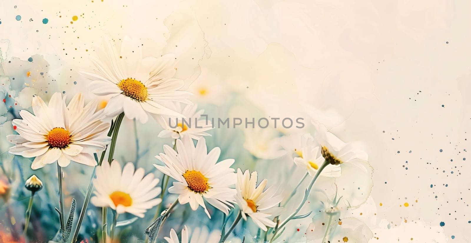 Bright banner with white daisies space for your own content. Flowering flowers, a symbol of spring, new life. A joyful time of nature waking up to life.