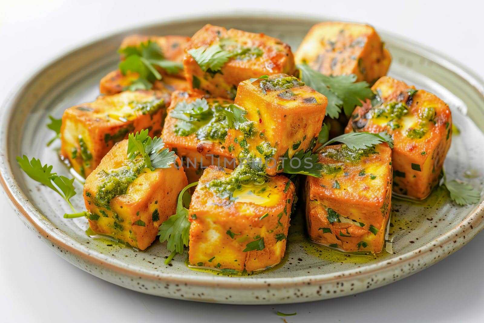 A dish of traditional Indian paneer cheese, diced and fried with spices, garnished with fresh cilantro and pesto on a ceramic plate. AI