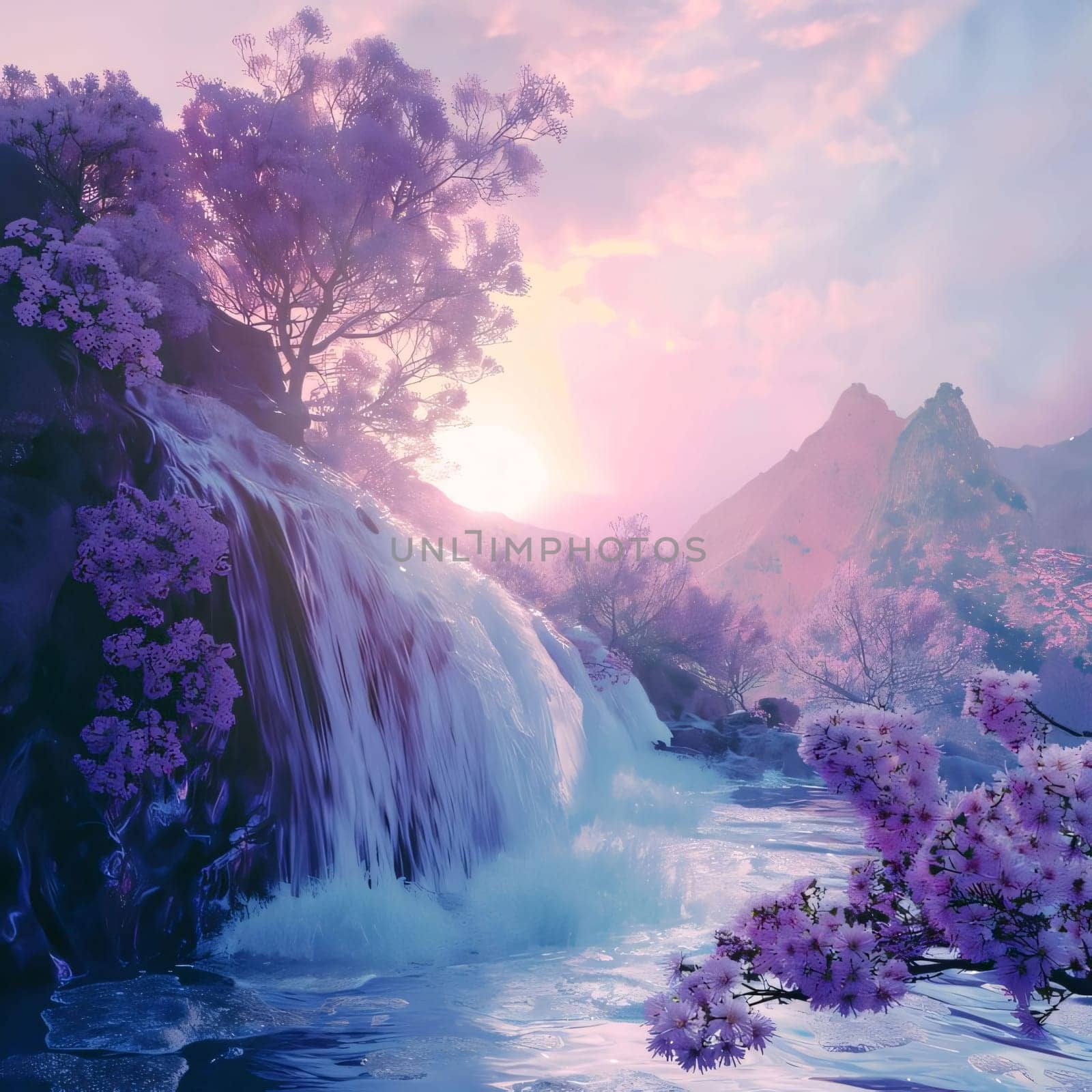 Pink blooming flowers on the background of the river waterfall on the day of the sun in the sky. Flowering flowers, a symbol of spring, new life. by ThemesS