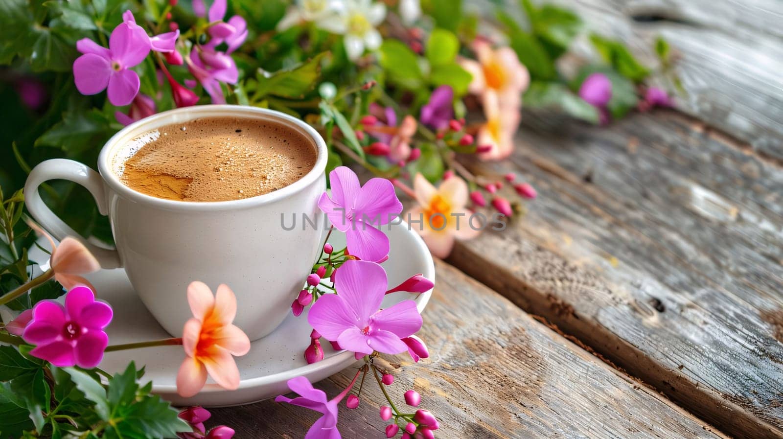 Cup of coffee on a plate on wooden boards around pink white flowers with leaves. Banner with space for your own content. Flowering flowers, a symbol of spring, new life.