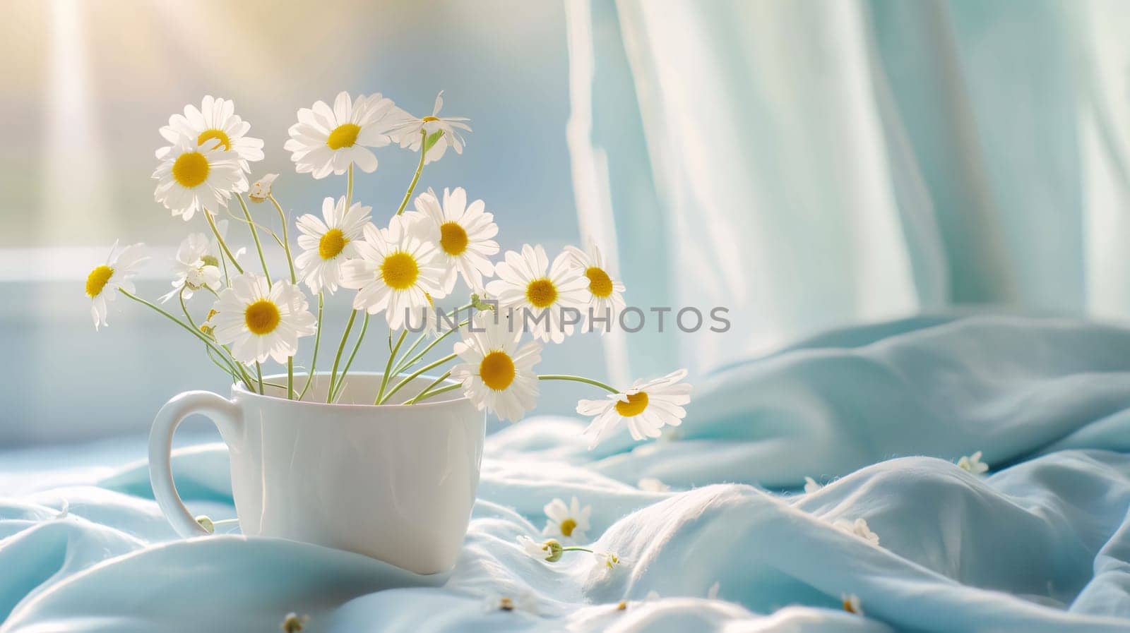 White daisies in White cup around white fabric banner with space for your own content. Flowering flowers, a symbol of spring, new life. A joyful time of nature waking up to life.