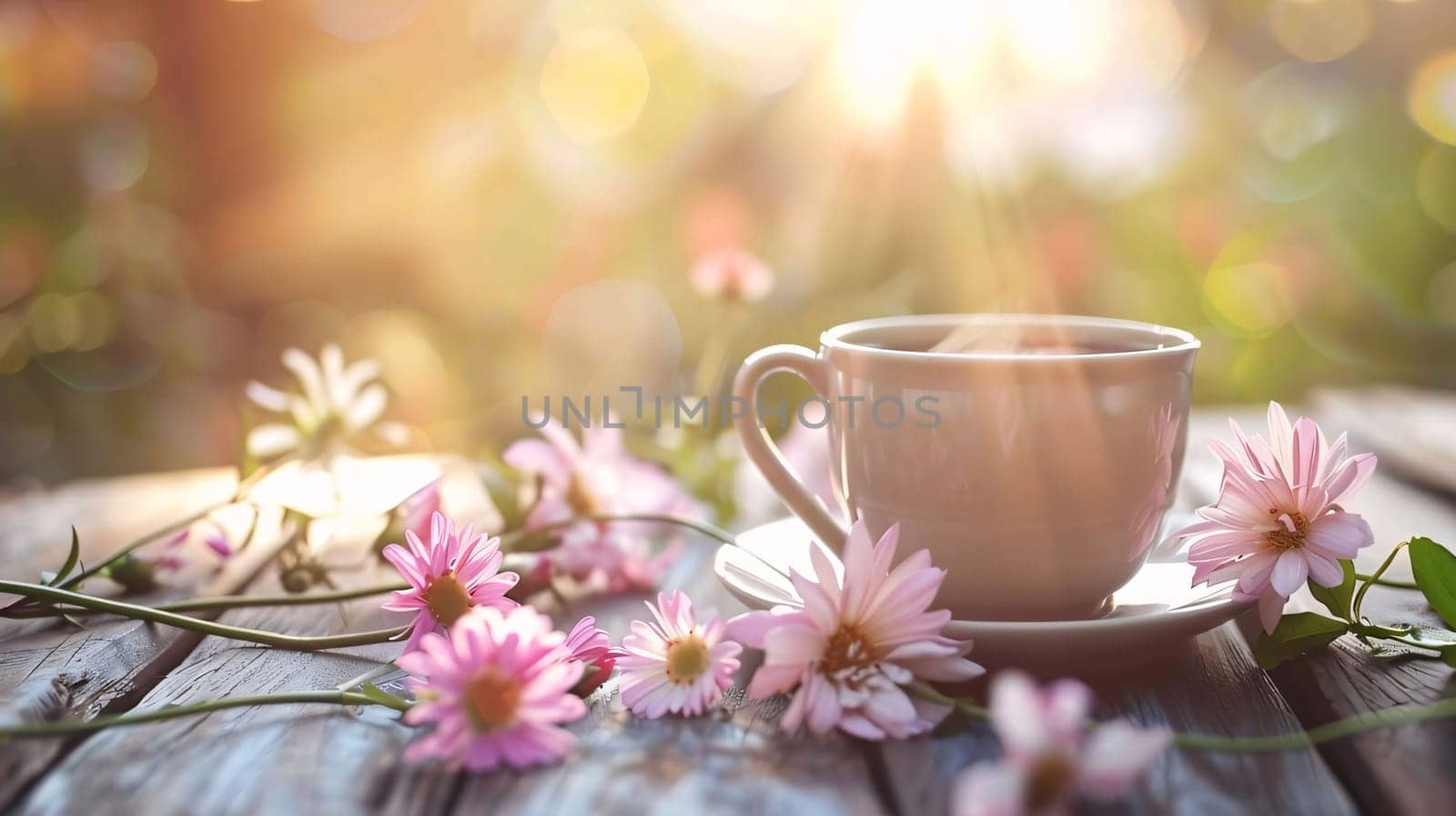 Cup of coffee on a plate on wooden boards around pink flowers, Blurred green background. Flowering flowers, a symbol of spring, new life. A joyful time of nature waking up to life.