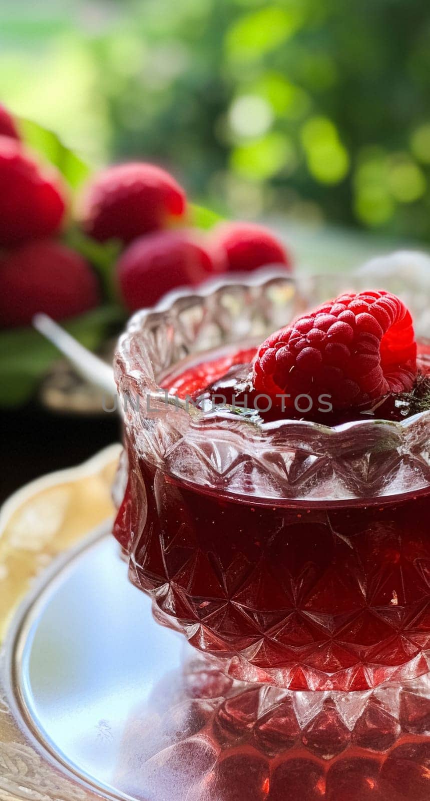 Raspberry jam and raspberries in a crystal bowl, country food and English recipe idea for menu, food blog and cookbook by Anneleven