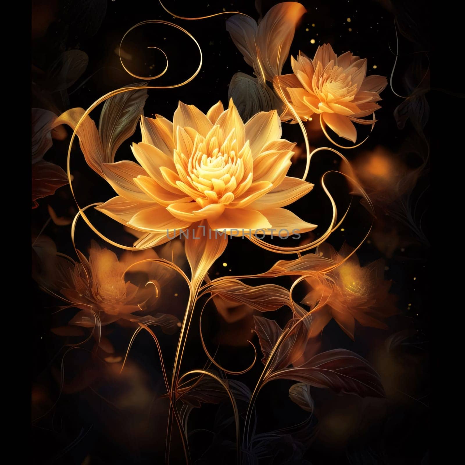 Orange and yellow flower, lotus on a dark background. Flowering flowers, a symbol of spring, new life. by ThemesS