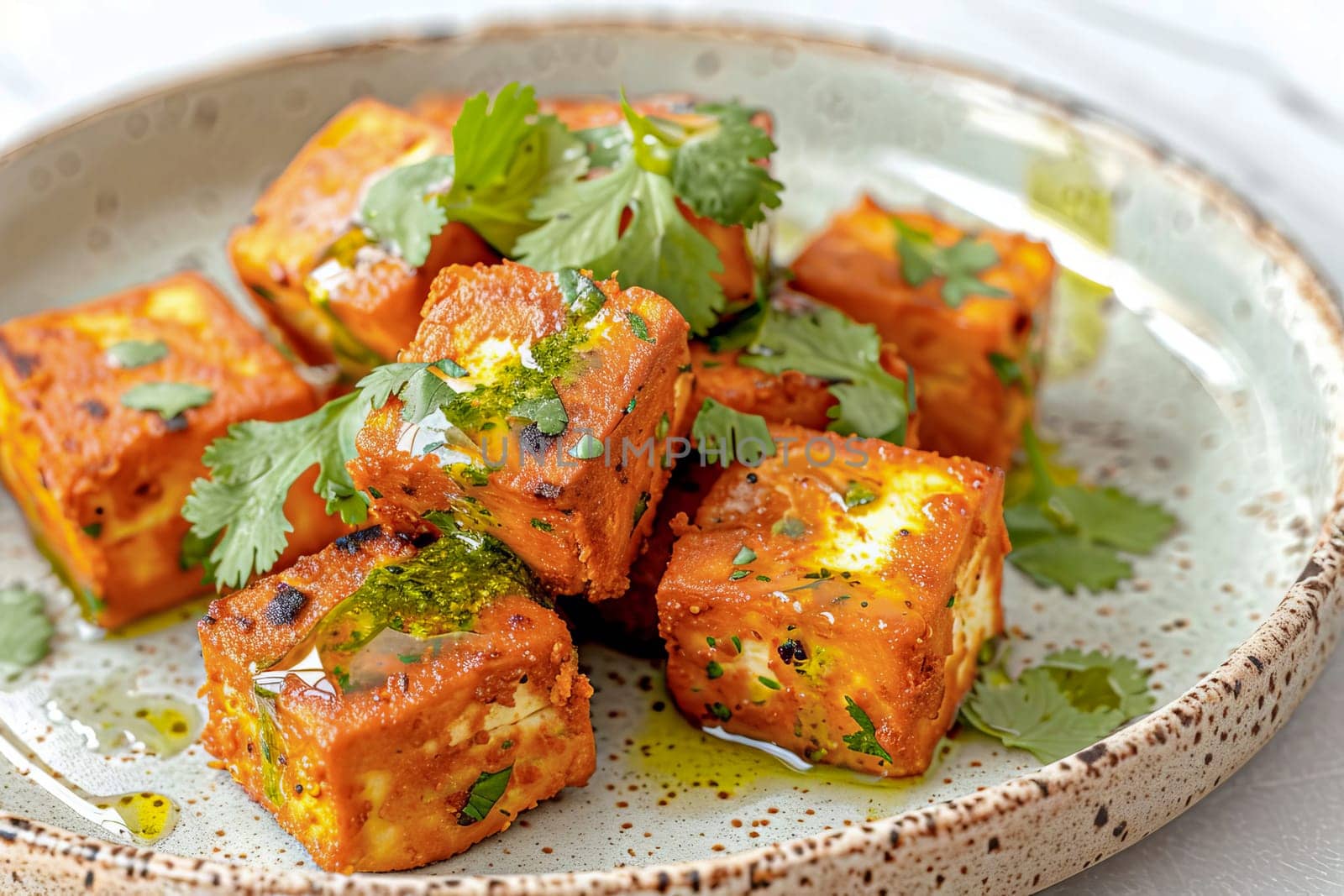 A dish of traditional Indian paneer cheese, diced and fried with spices, garnished with fresh cilantro and pesto on a ceramic plate. AI