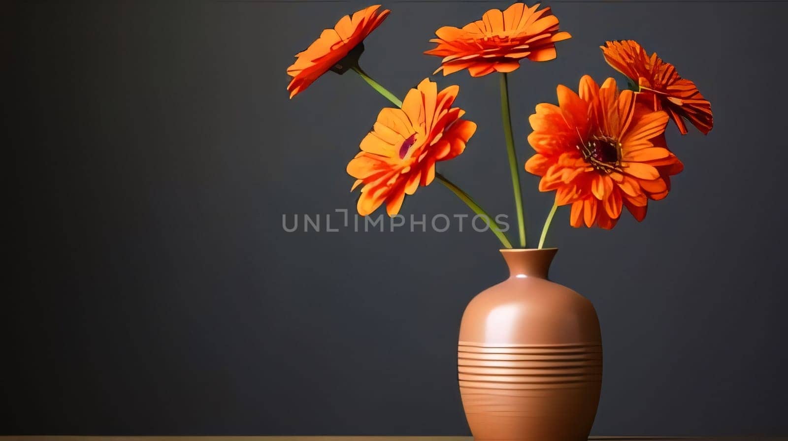 Orange flowers in a brown vase on a dark background, banner with space for your own content. Flowering flowers, a symbol of spring, new life. A joyful time of nature waking up to life.