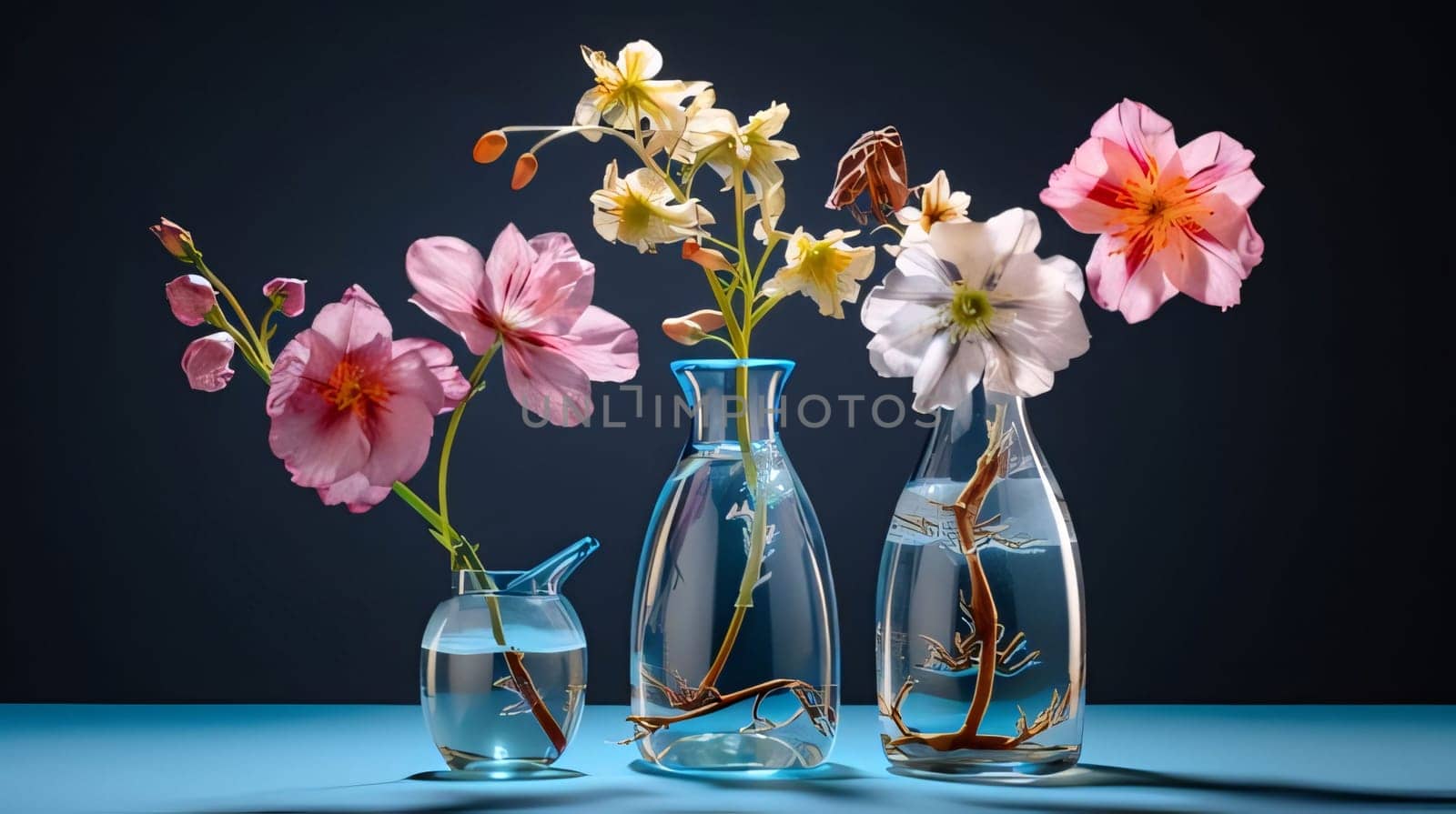 Single colorful flowers in transparent vases on dark. Flowering flowers, a symbol of spring, new life. A joyful time of nature waking up to life.