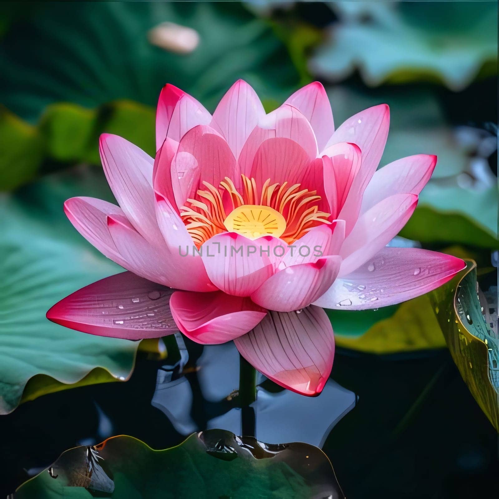 Pink water lily over water around green leaves. Flowering flowers, a symbol of spring, new life. A joyful time of nature waking up to life.