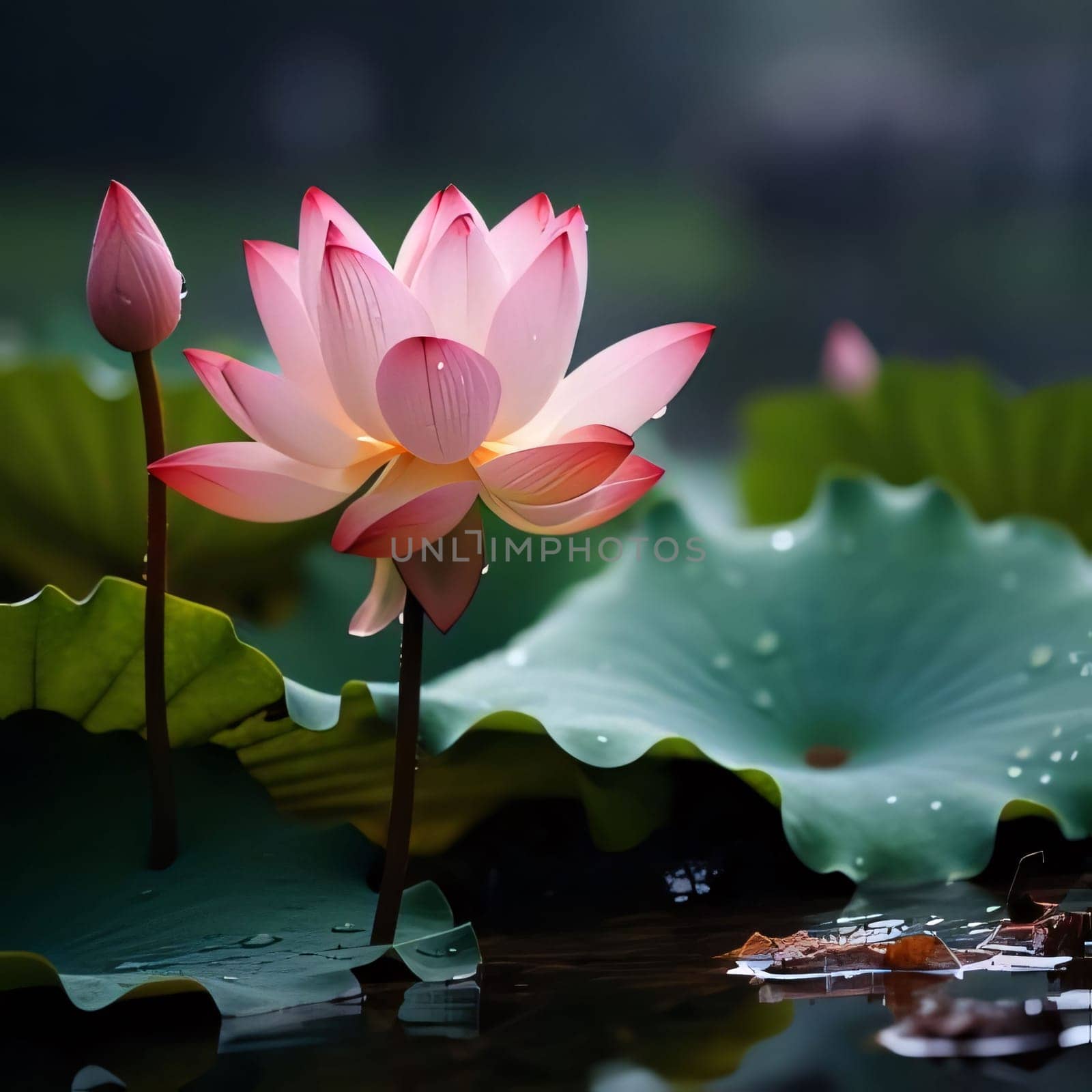 Pink water lily over water around green leaves. Flowering flowers, a symbol of spring, new life. A joyful time of nature waking up to life.