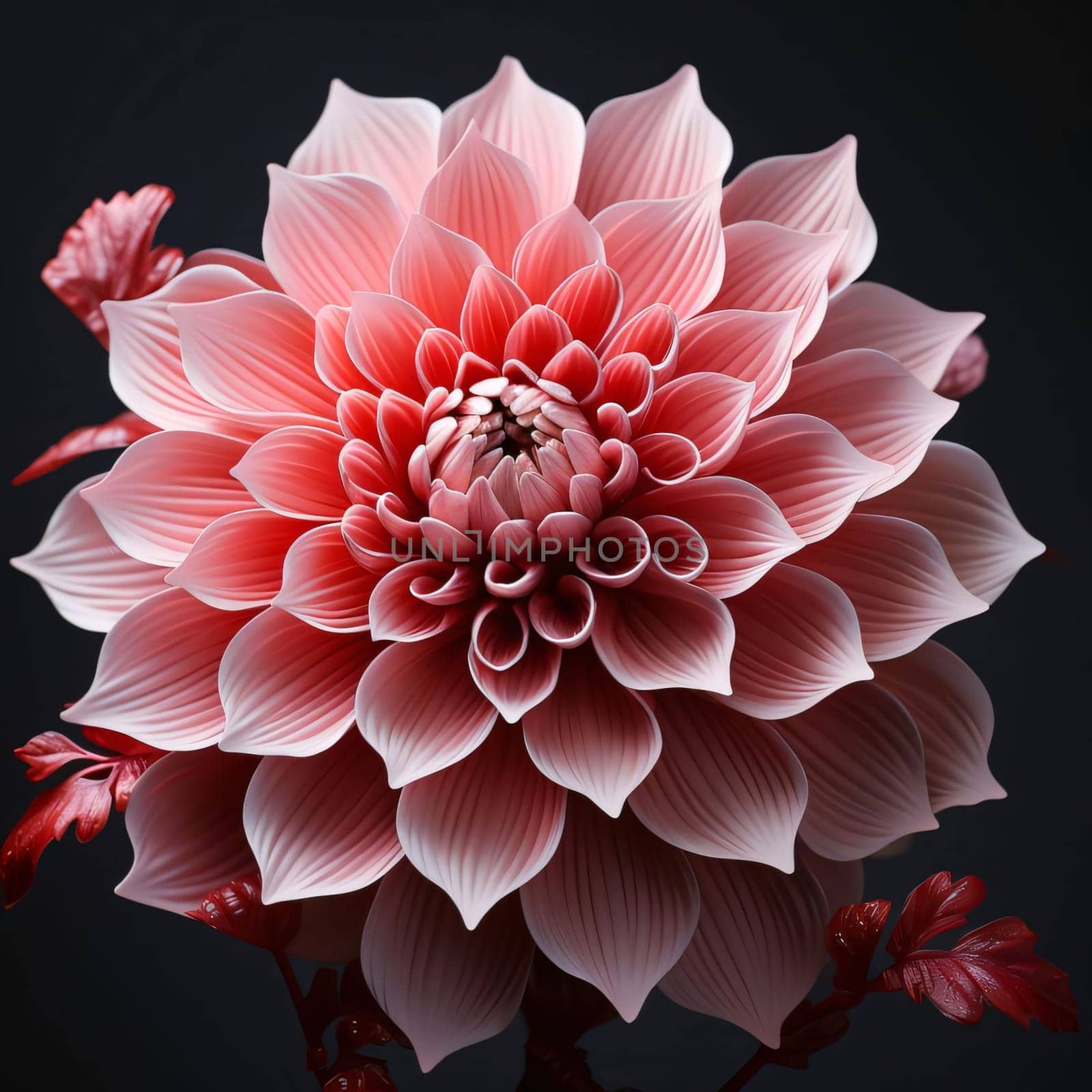Pink and white dahlia on black background. Flowering flowers, a symbol of spring, new life. A joyful time of nature waking up to life.