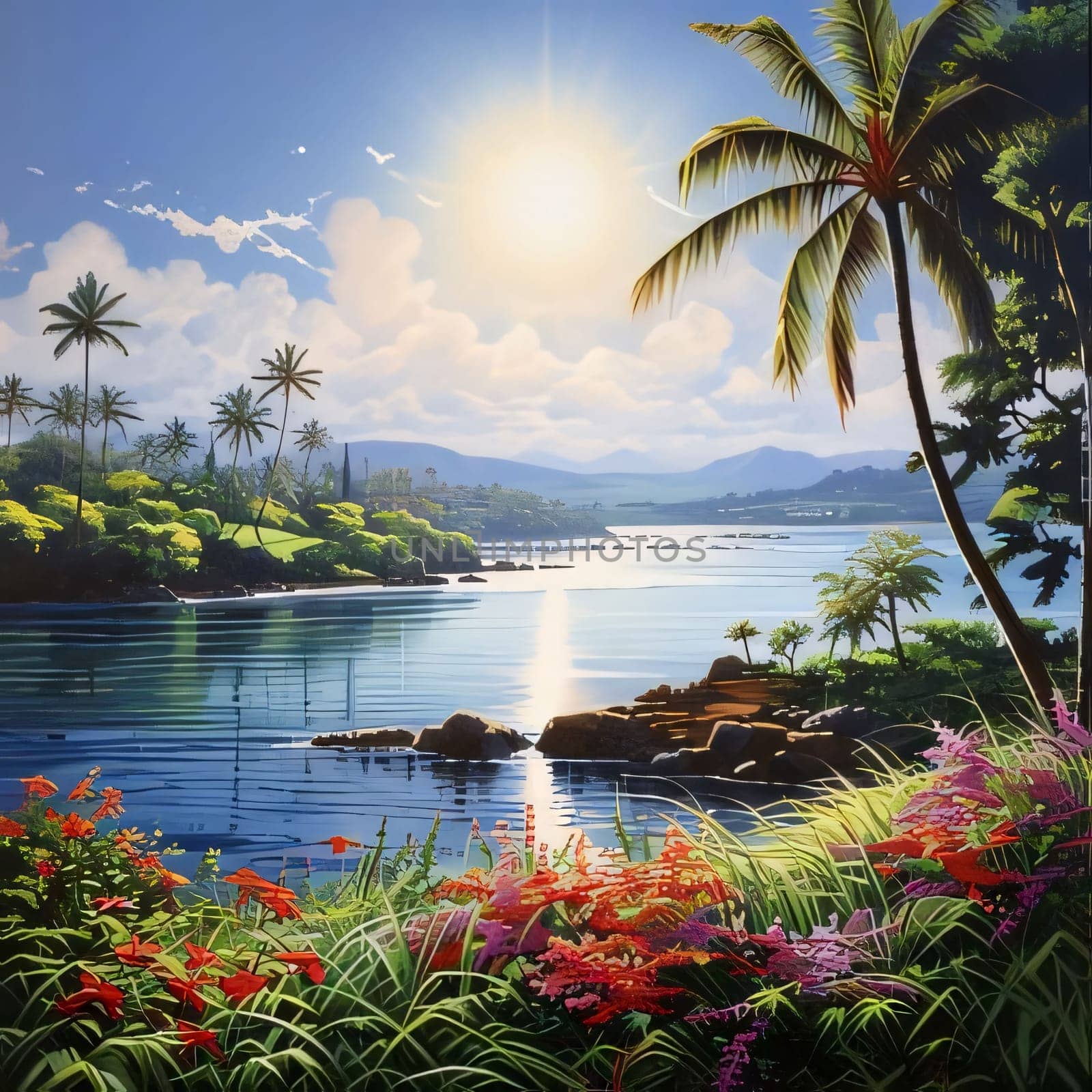 Tropical island with palm trees. Flowering flowers, a symbol of spring, new life. A joyful time of nature waking up to life.