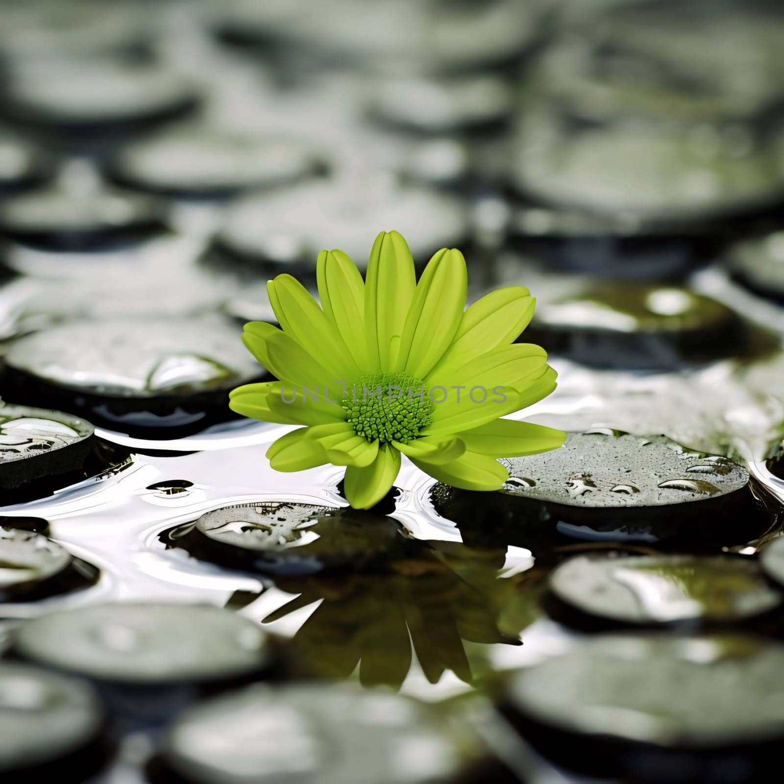 Green small flower around small leaves water. Flowering flowers, a symbol of spring, new life. A joyful time of nature waking up to life.