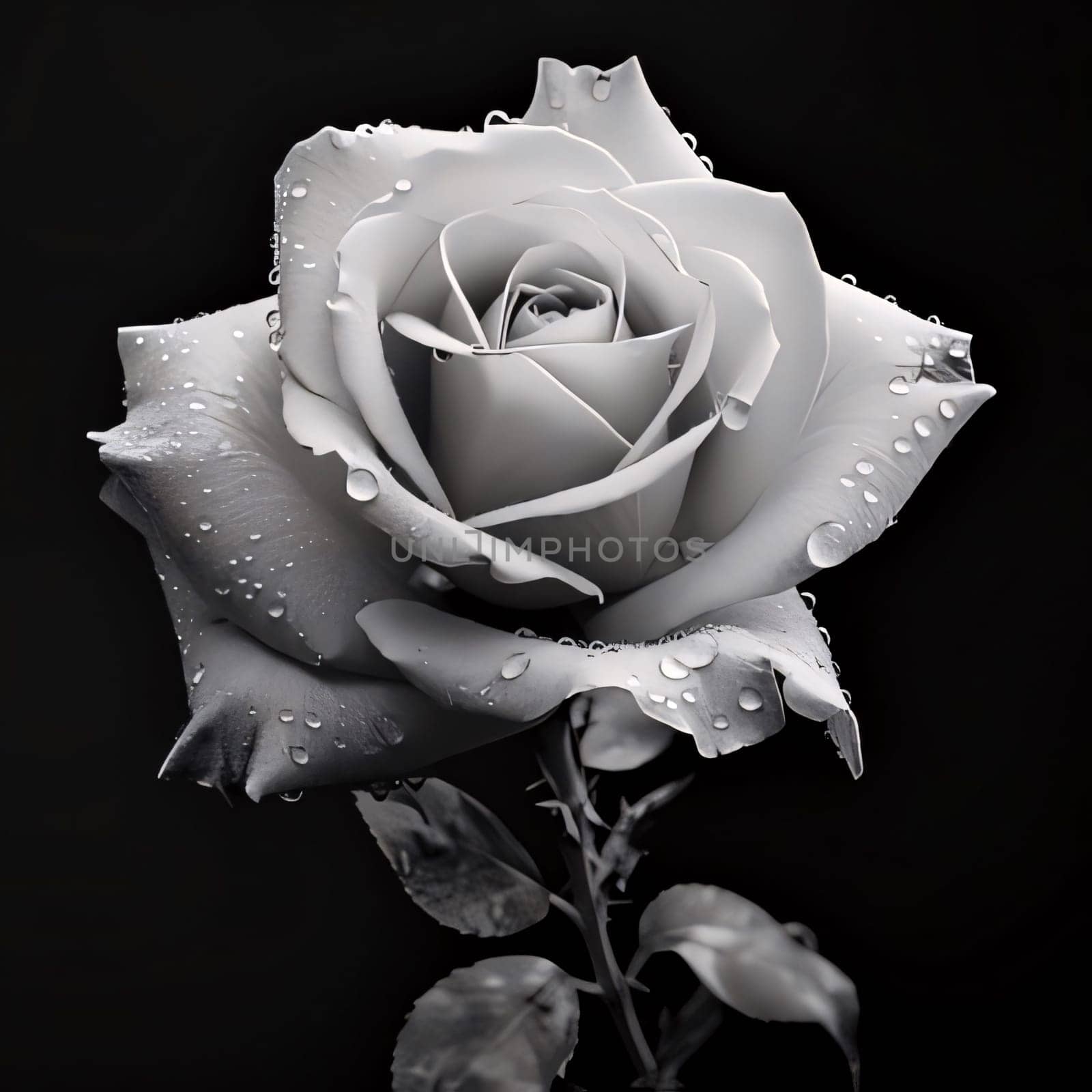 White Rose on a dark background drops of dew, water, rain. Flowering flowers, a symbol of spring, new life. A joyful time of nature waking up to life.