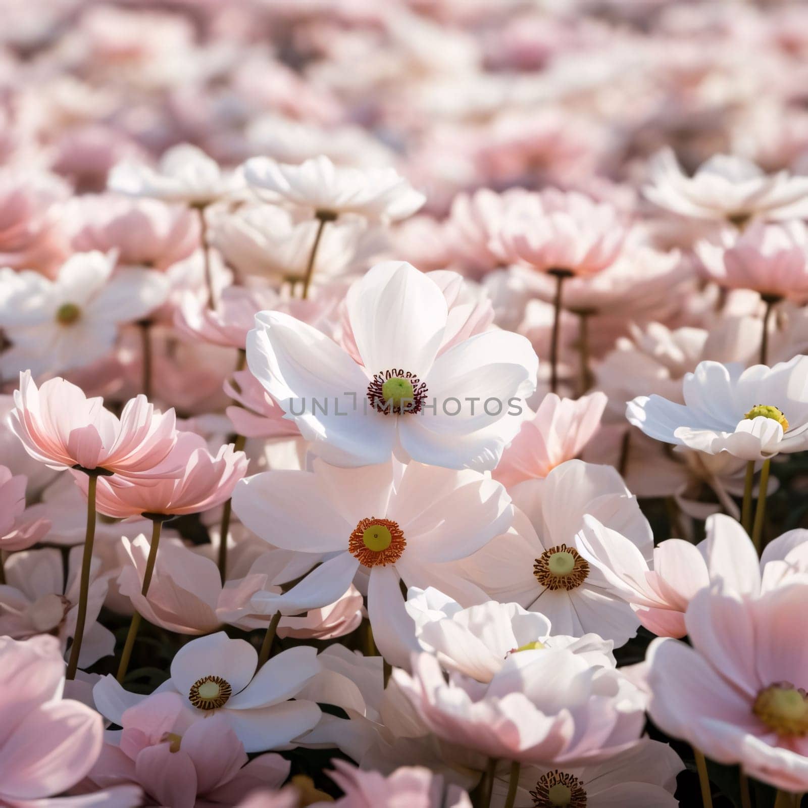 White flowers with petals in the meadow, thousands of white flowers on a day in the sunshine in the field. Flowering flowers, a symbol of spring, new life. A joyful time of nature waking up to life.