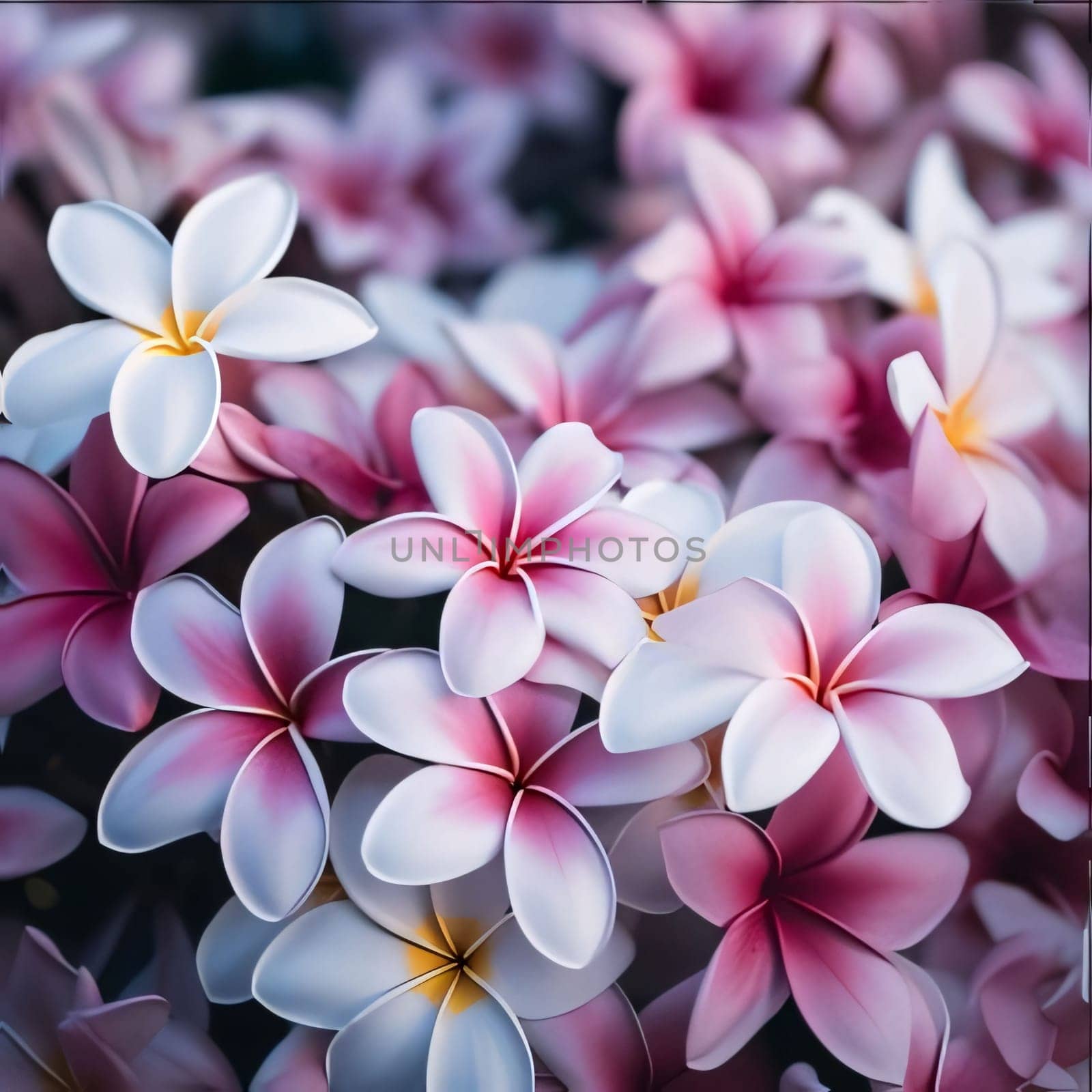 A lot of plumeria flowers. Flowering flowers, a symbol of spring, new life. A joyful time of nature waking up to life.