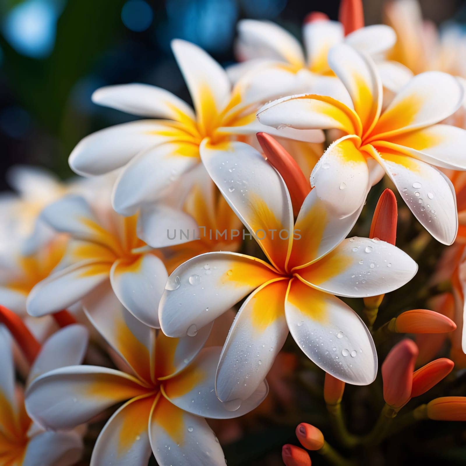 A lot of white plumeria flowers. Flowering flowers, a symbol of spring, new life. A joyful time of nature waking up to life.