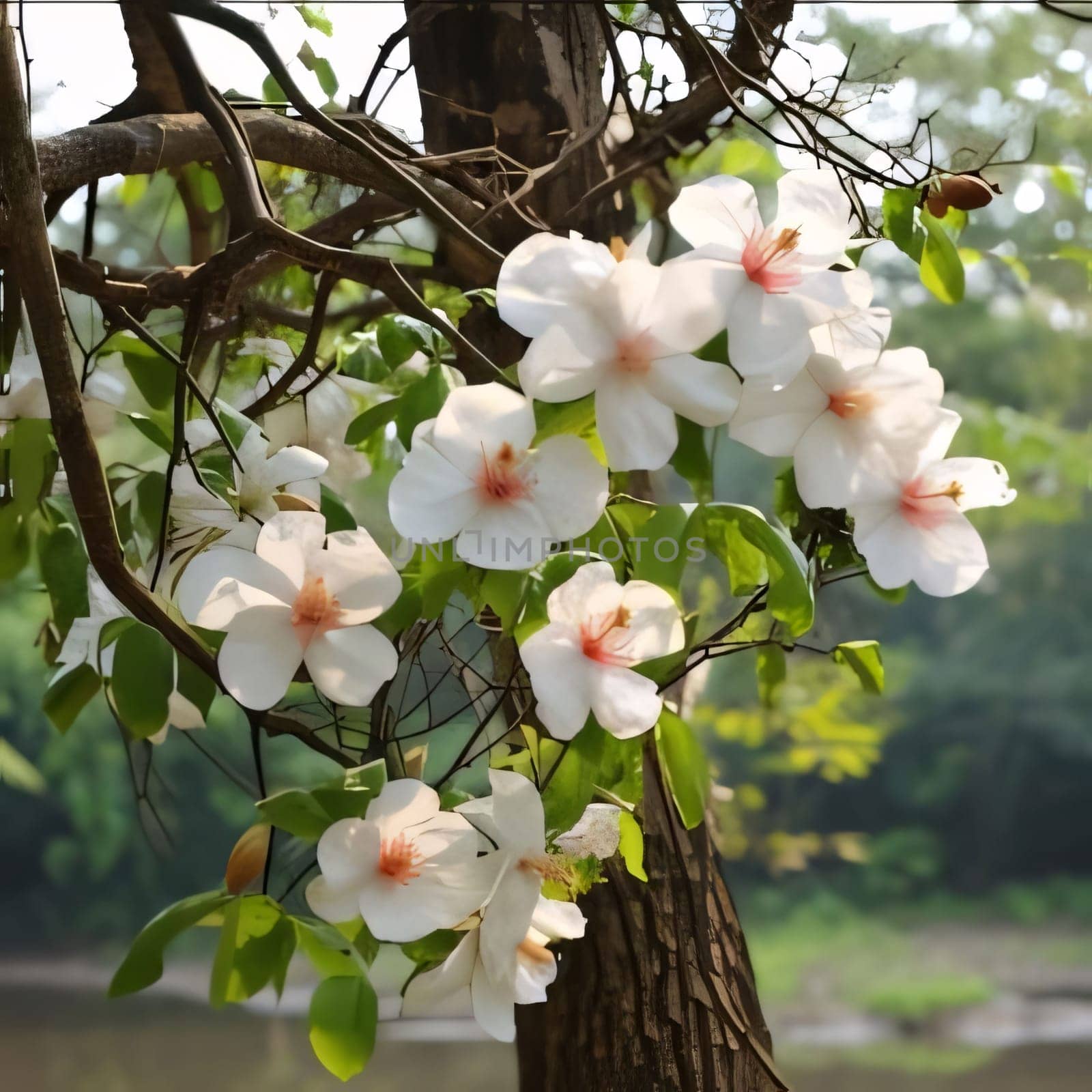 Flowering white flowers, fruit on tree branches, spring, smudged green in the background. Flowering flowers, a symbol of spring, new life. A joyful time of nature waking up to life.