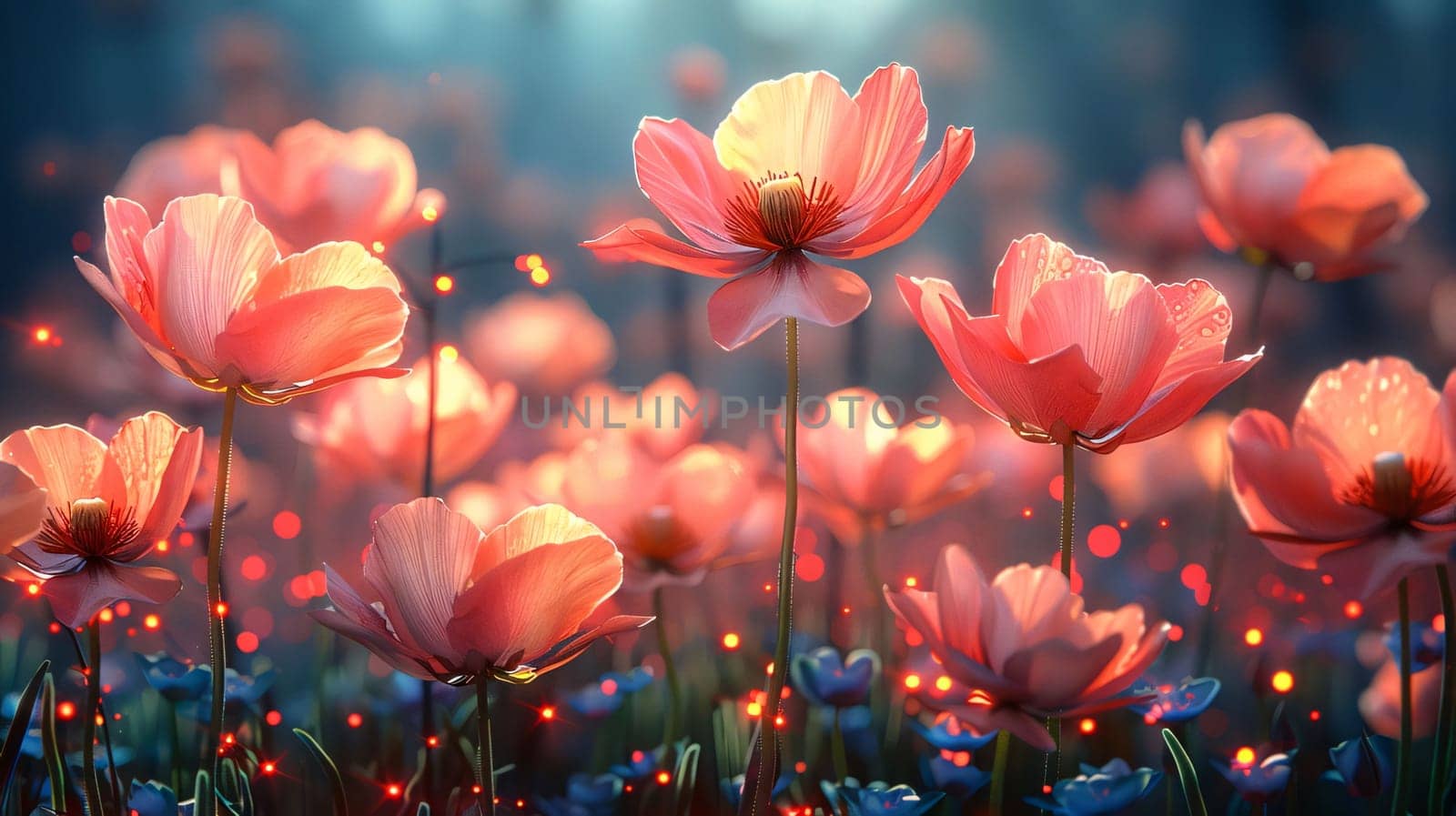 Red poppies in a clearing with light, sunshine. Flowering flowers, a symbol of spring, new life. A joyful time of nature waking up to life.