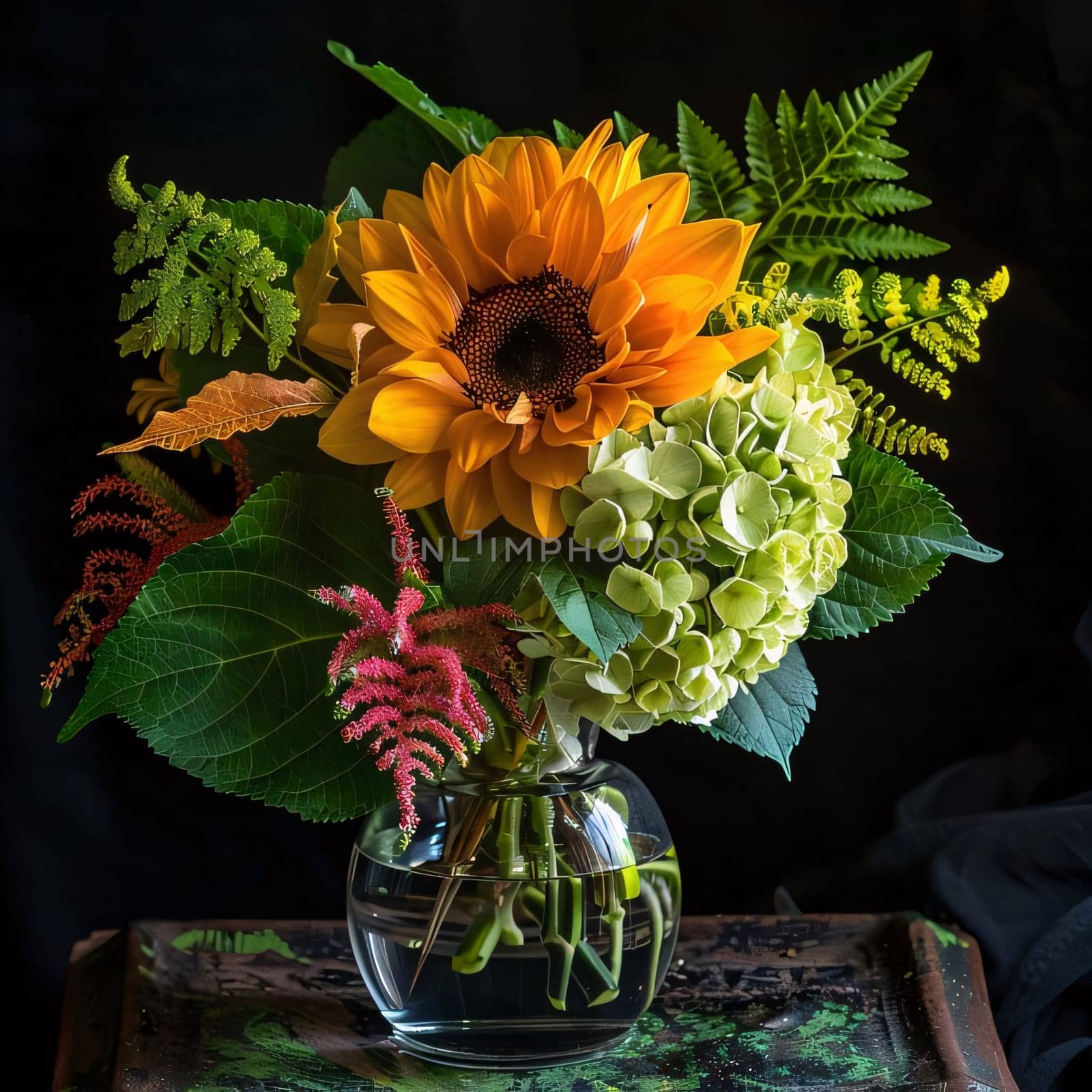 Vase full of sunflowers Green leaves on a dark background. Flowering flowers, a symbol of spring, new life. A joyful time of nature waking up to life.