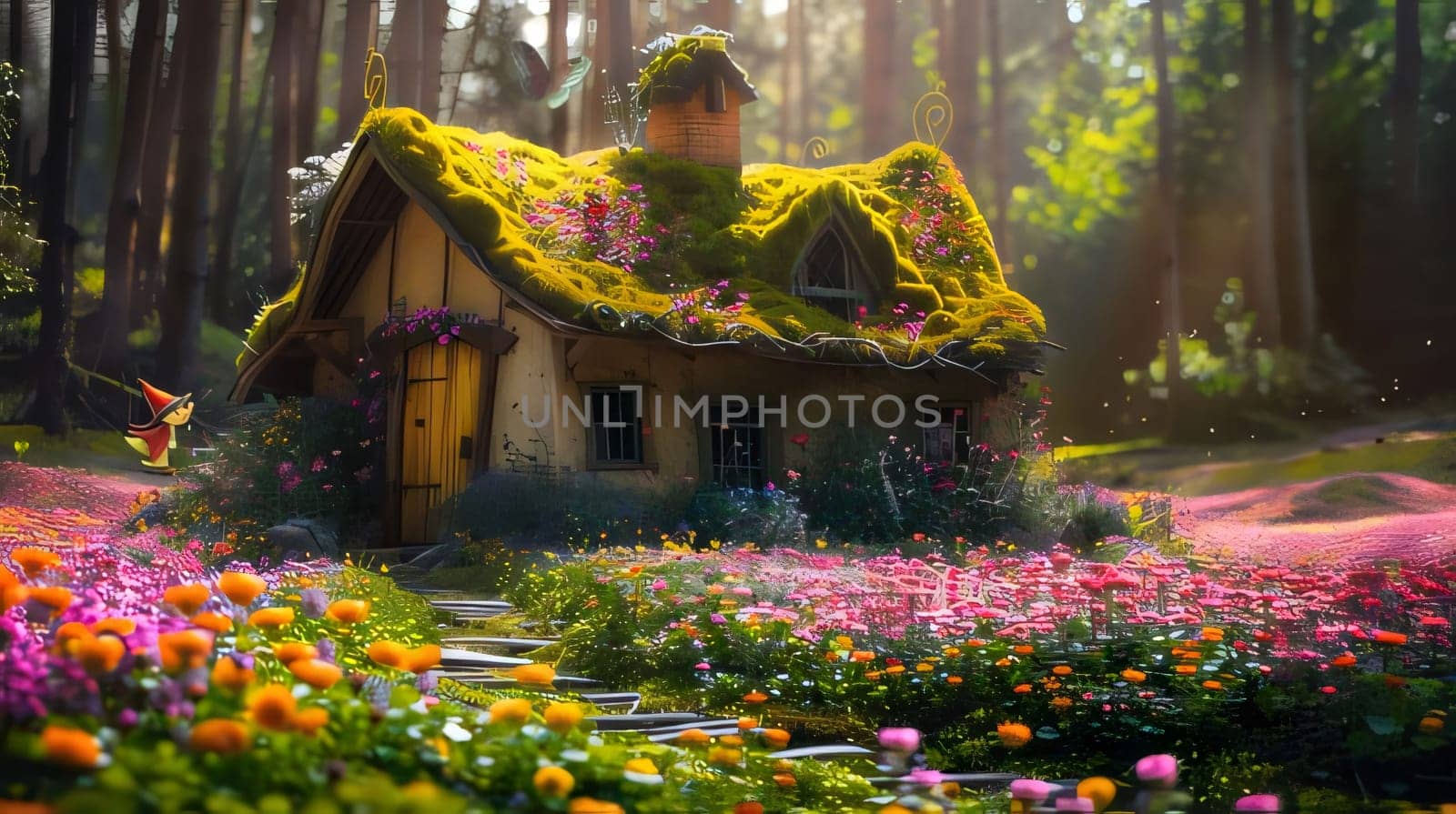 Tiny wooden house overgrown with vegetation, ivy, spring landscape, atmosphere. Flowering flowers, a symbol of spring, new life. A joyful time of nature waking up to life.