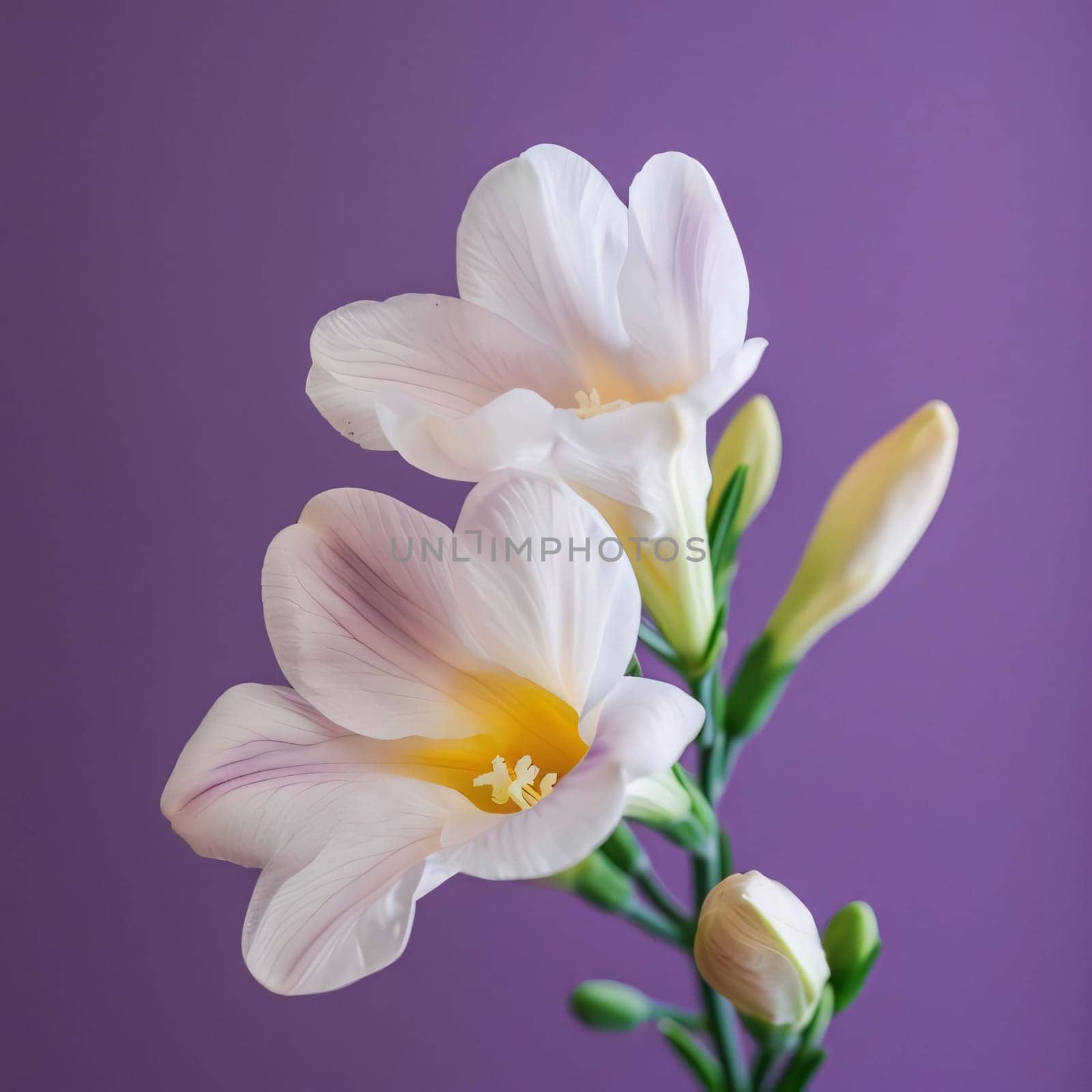 White orchid flower on purple background. Flowering flowers, a symbol of spring, new life. A joyful time of nature waking up to life.