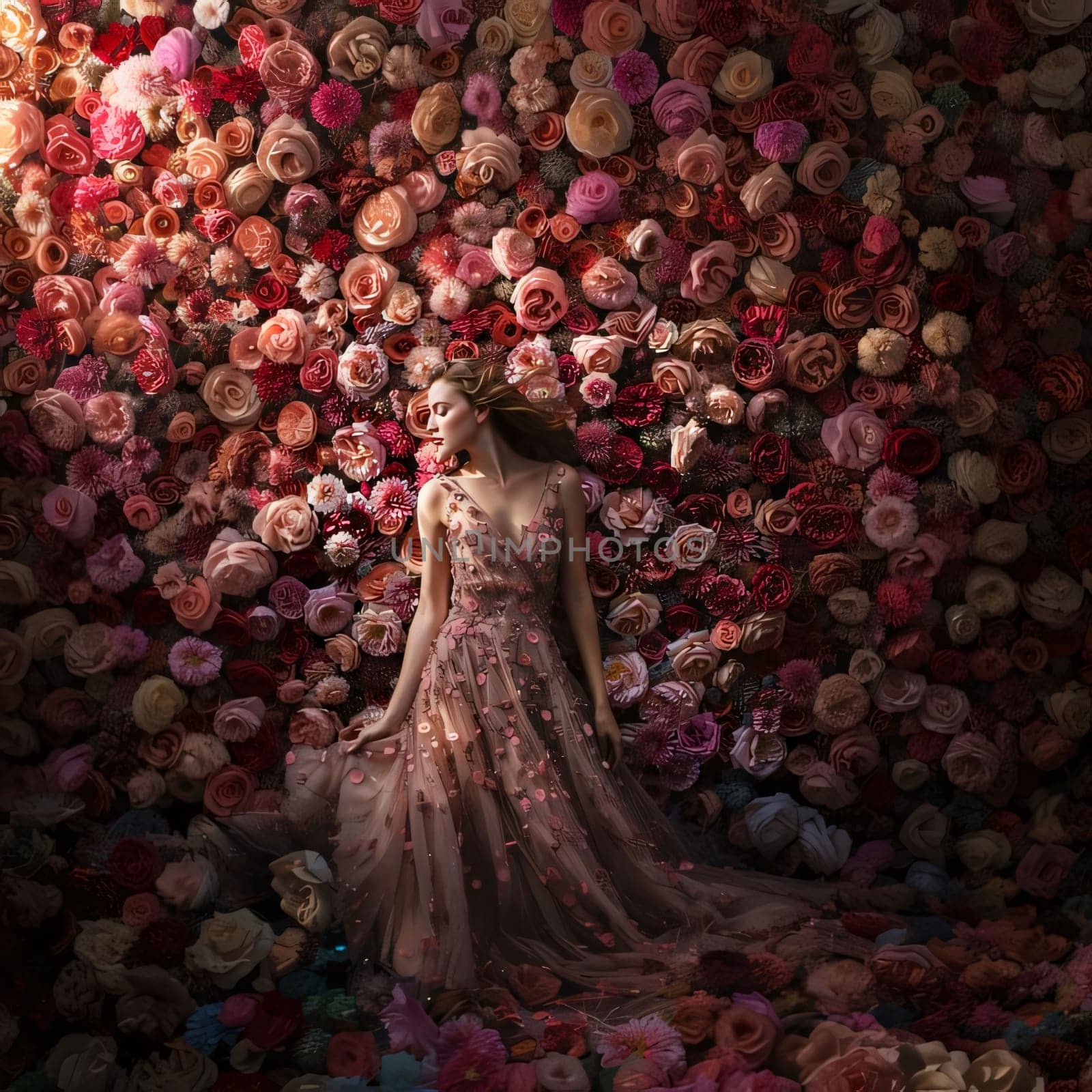 A young woman in a red and pink dress against a wall of red pink roses. Flowering flowers, a symbol of spring, new life. A joyful time of nature waking up to life.