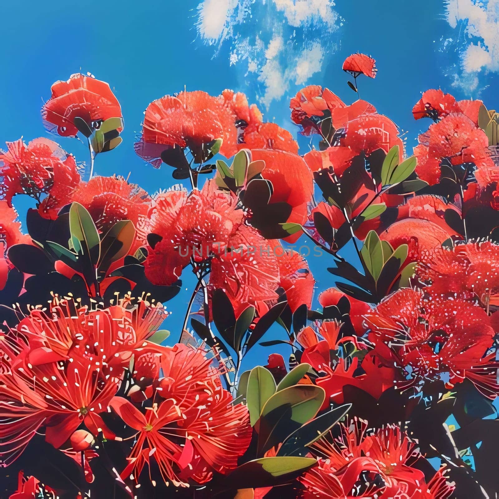 Illustration of red flowers against the sky. Flowering flowers, a symbol of spring, new life. A joyful time of nature waking up to life.