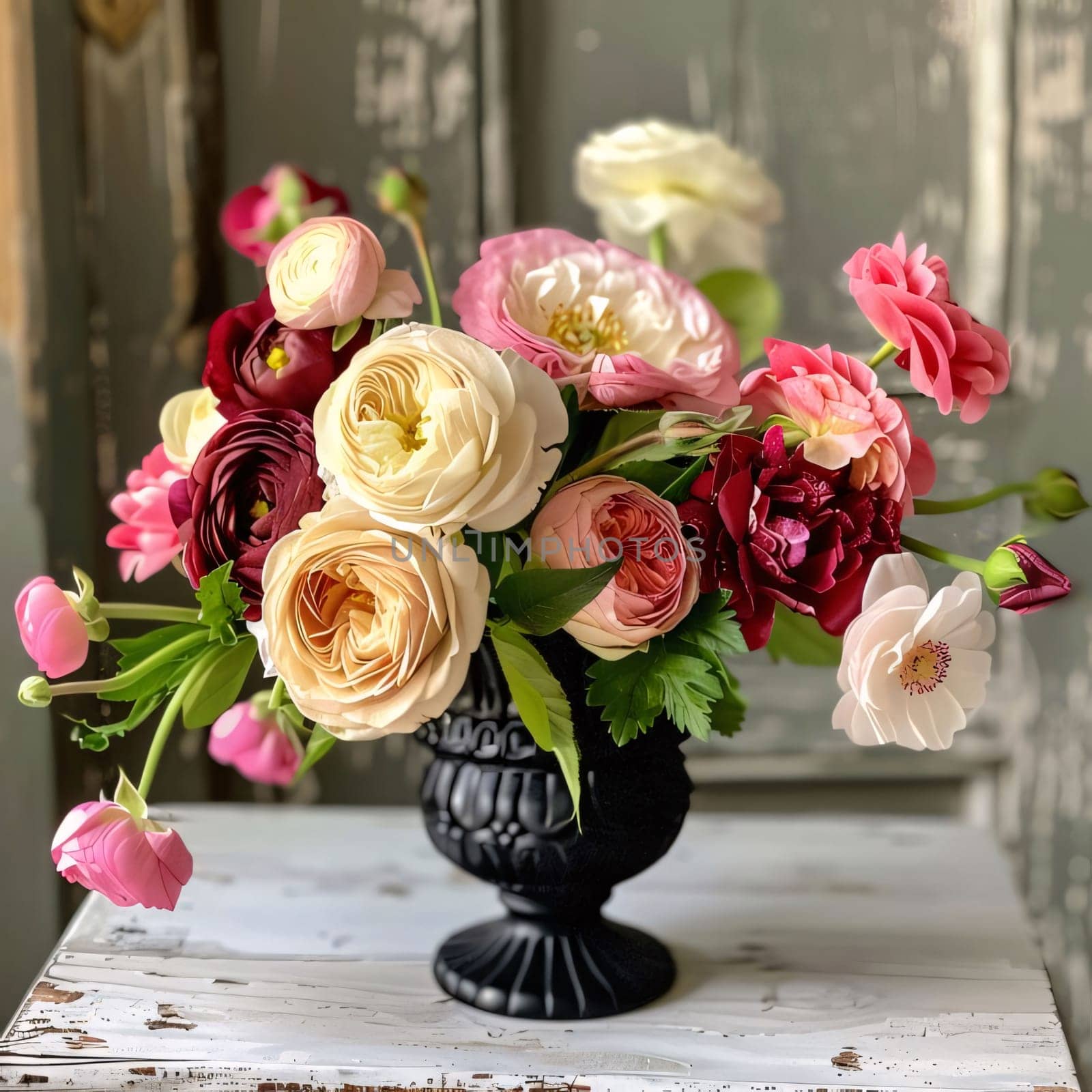 Bouquet of colorful rose flowers in a black vase on a wooden background. Flowering flowers, a symbol of spring, new life. A joyful time of nature waking up to life.