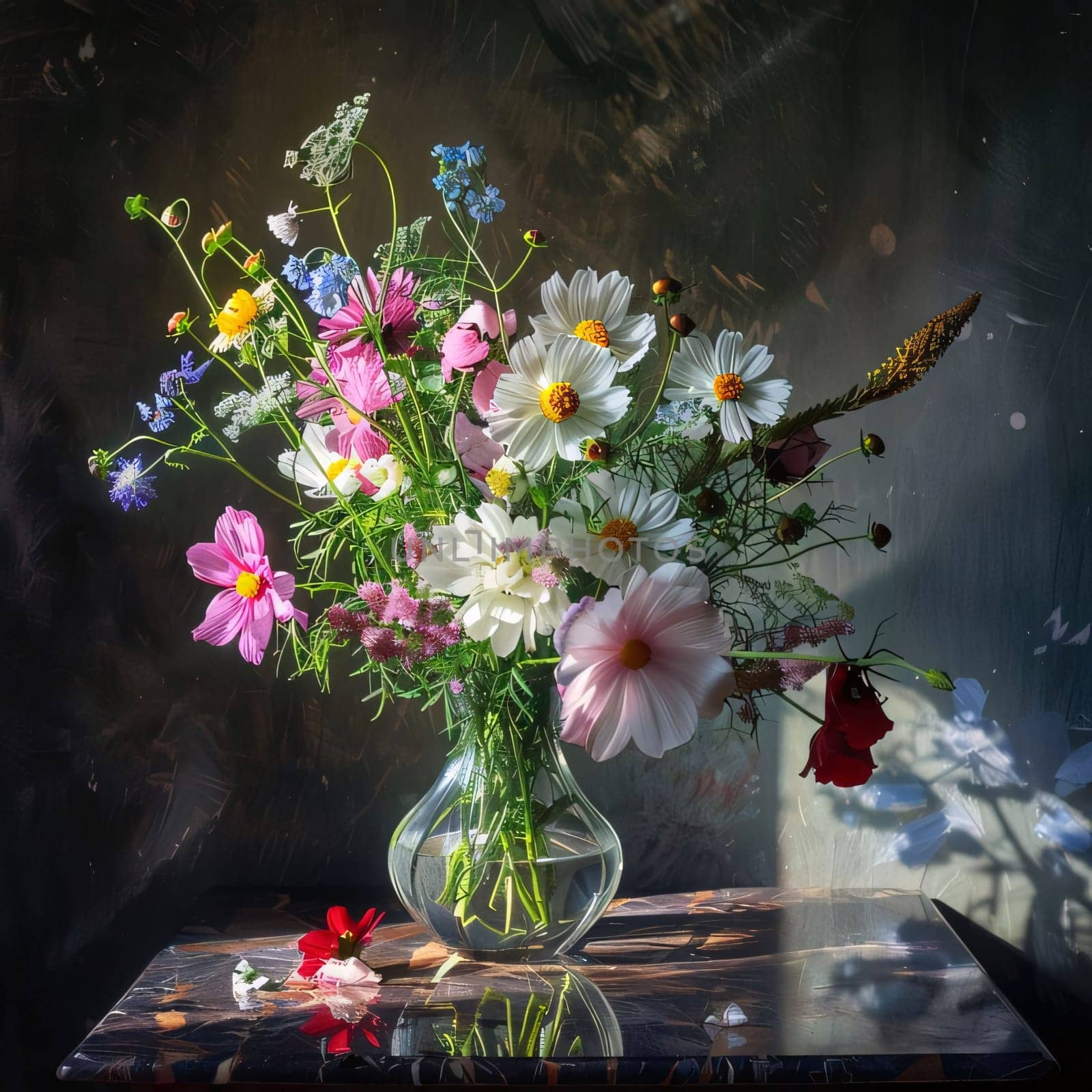 Transparent vase on black background with field colored flowers. Pink white green leaves. Flowering flowers, a symbol of spring, new life. A joyful time of nature waking up to life.