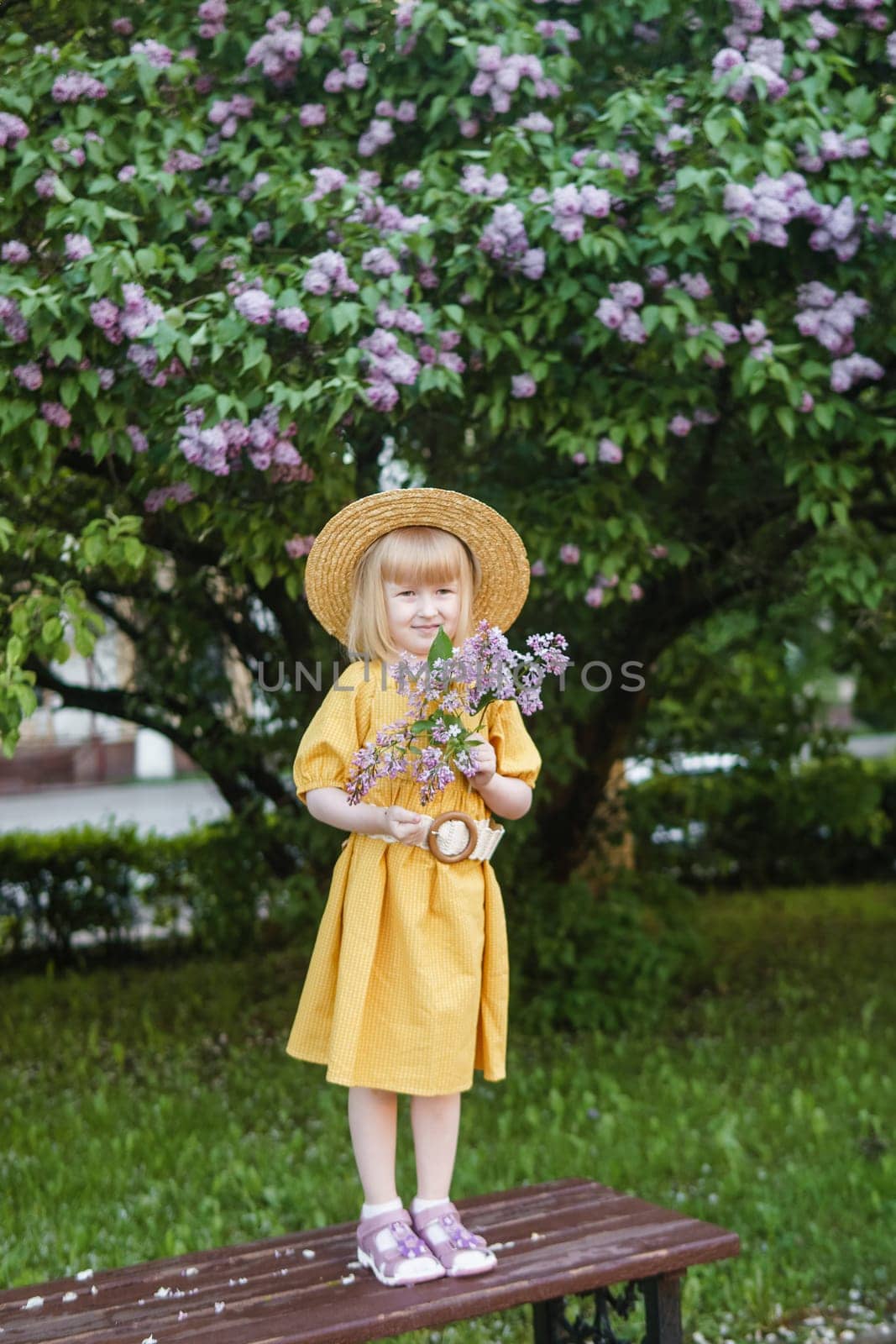 A little girl in a yellow dress and straw hat wearing a bouquet of lilacs. A walk in a spring park, blossoming lilacs. by Annu1tochka