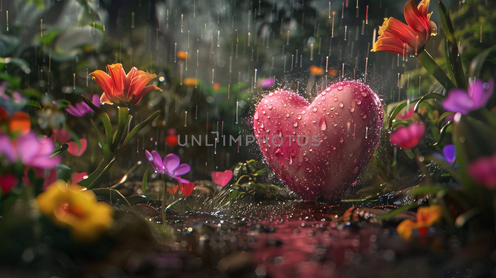 Colorful flowers and a red heart falling raindrops. Flowering flowers, a symbol of spring, new life. A joyful time of nature waking up to life.