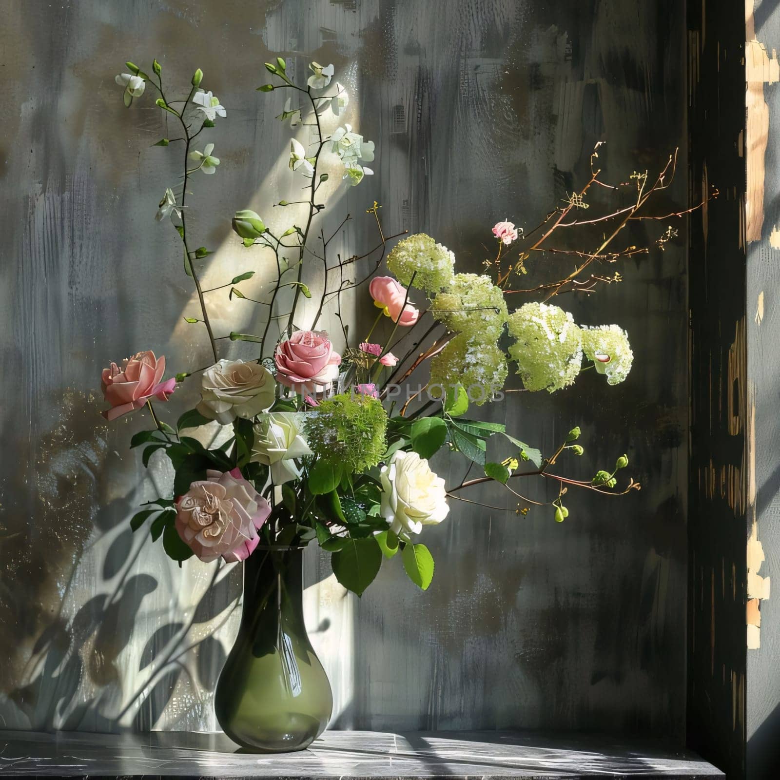 Green vase with bright flowers, roses on a dark background. Flowering flowers, a symbol of spring, new life. A joyful time of nature waking up to life.