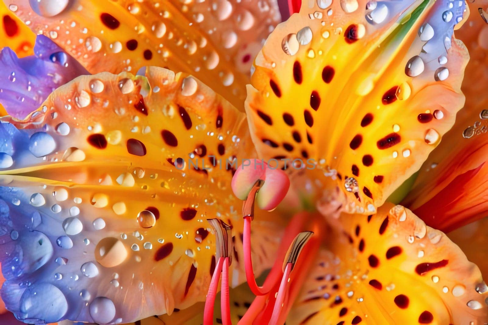 Yellow is tiger orange, flower petals with drops, dew of rain, water, close-up view. Flowering flowers, a symbol of spring, new life. by ThemesS