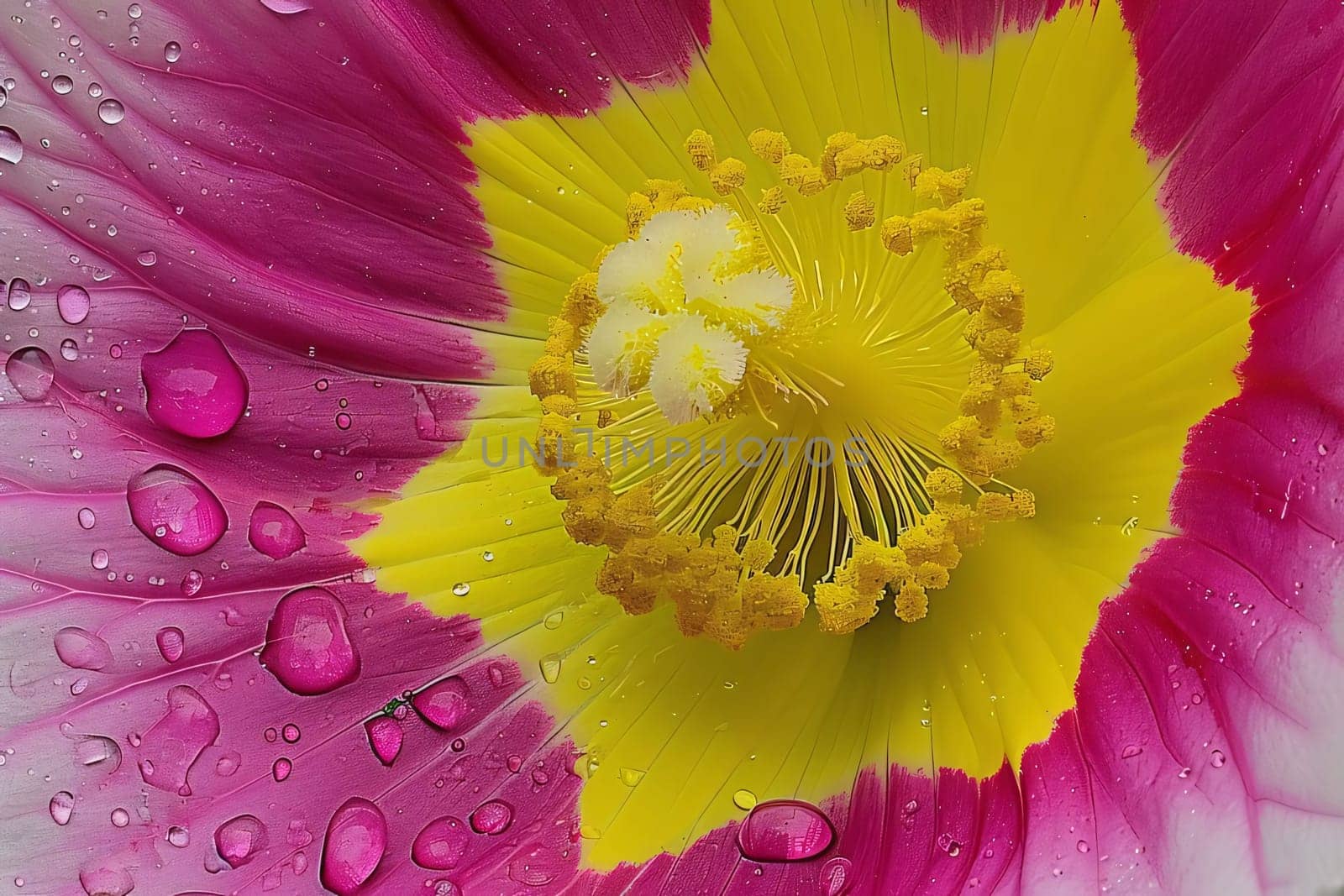 Yellow flower with pink foxes with raindrops of water. Flowering flowers, a symbol of spring, new life. A joyful time of nature waking up to life.