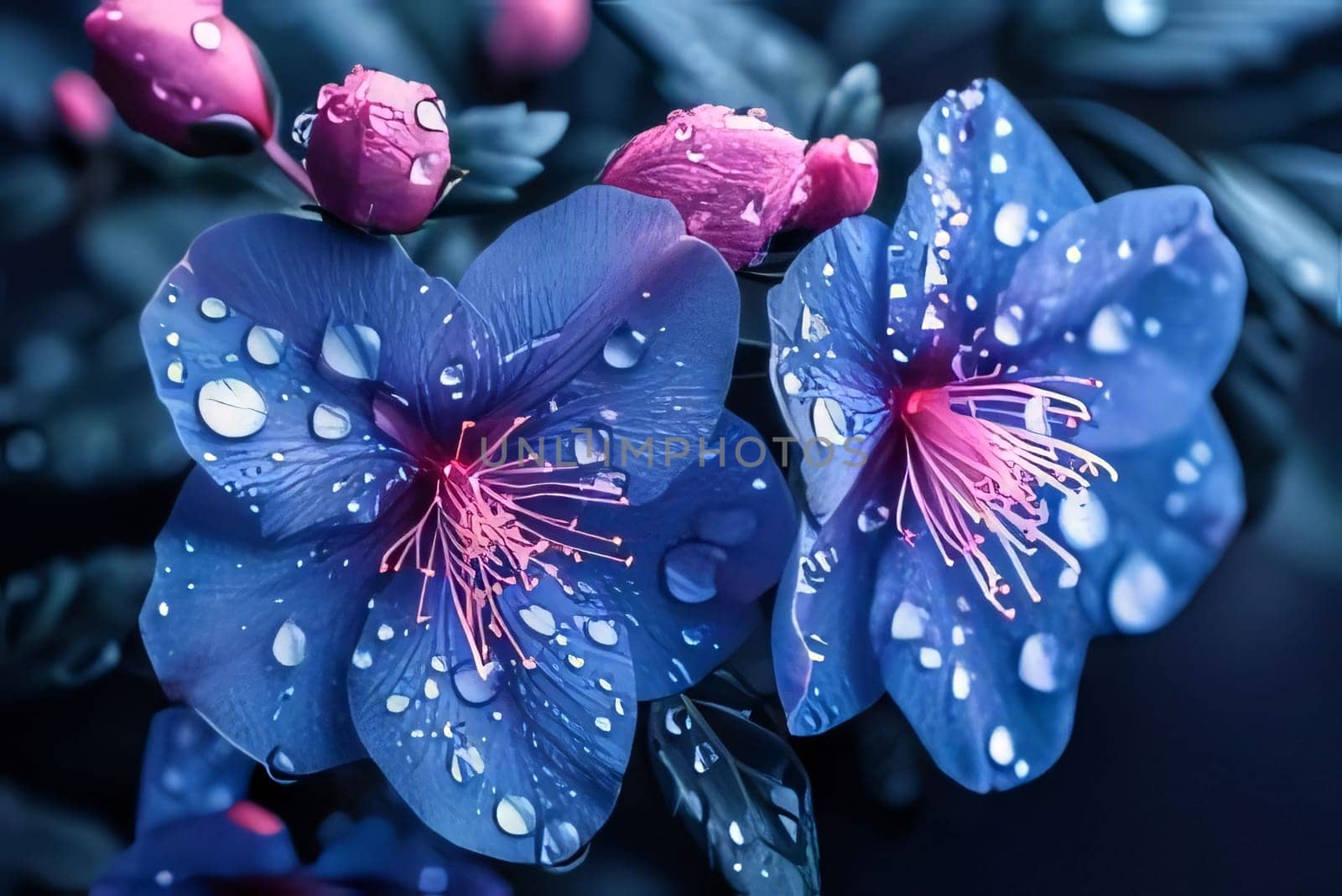 Blue flowers with raindrops, dew on a dark background, buds. Flowering flowers, a symbol of spring, new life. A joyful time of nature waking up to life.