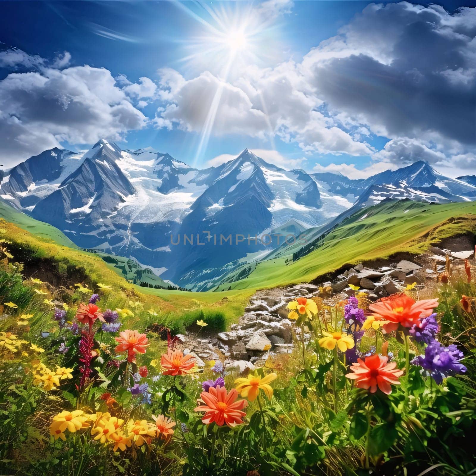 A field full of colorful flowers in the background surrounding valley with a stream and high mountain ranges, the sun shining. Flowering flowers, a symbol of spring, new life. A joyful time of nature waking up to life.