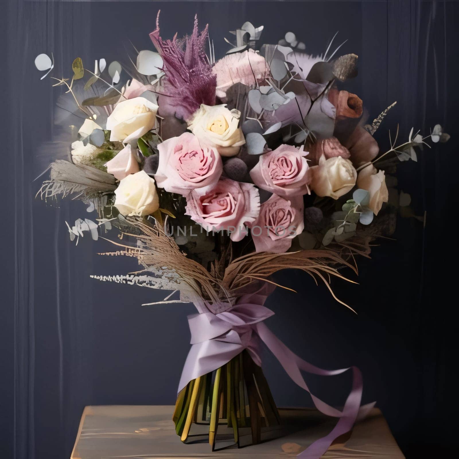 Bouquet of bright roses, flowers tied with a ribbon on a dark background. Flowering flowers, a symbol of spring, new life. A joyful time of nature waking up to life.