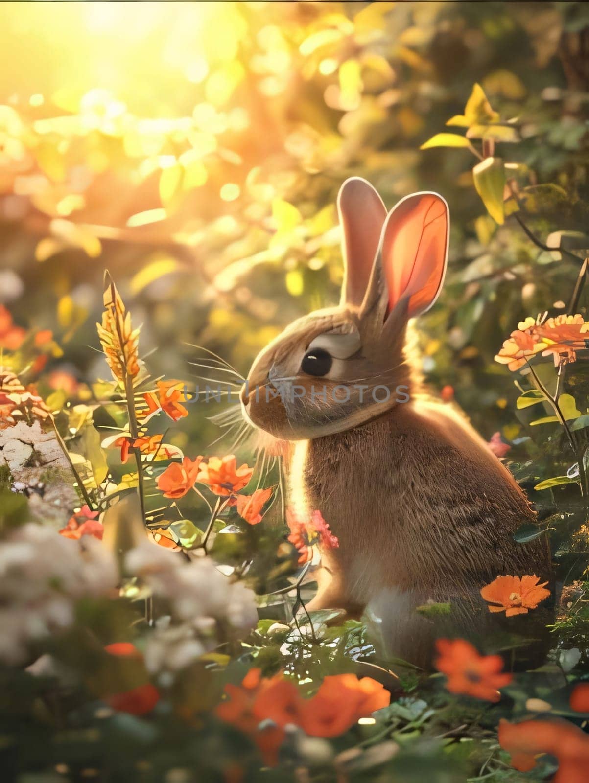 Tiny bunny around colorful flowers and sunshine. Flowering flowers, a symbol of spring, new life. A joyful time of nature waking up to life.
