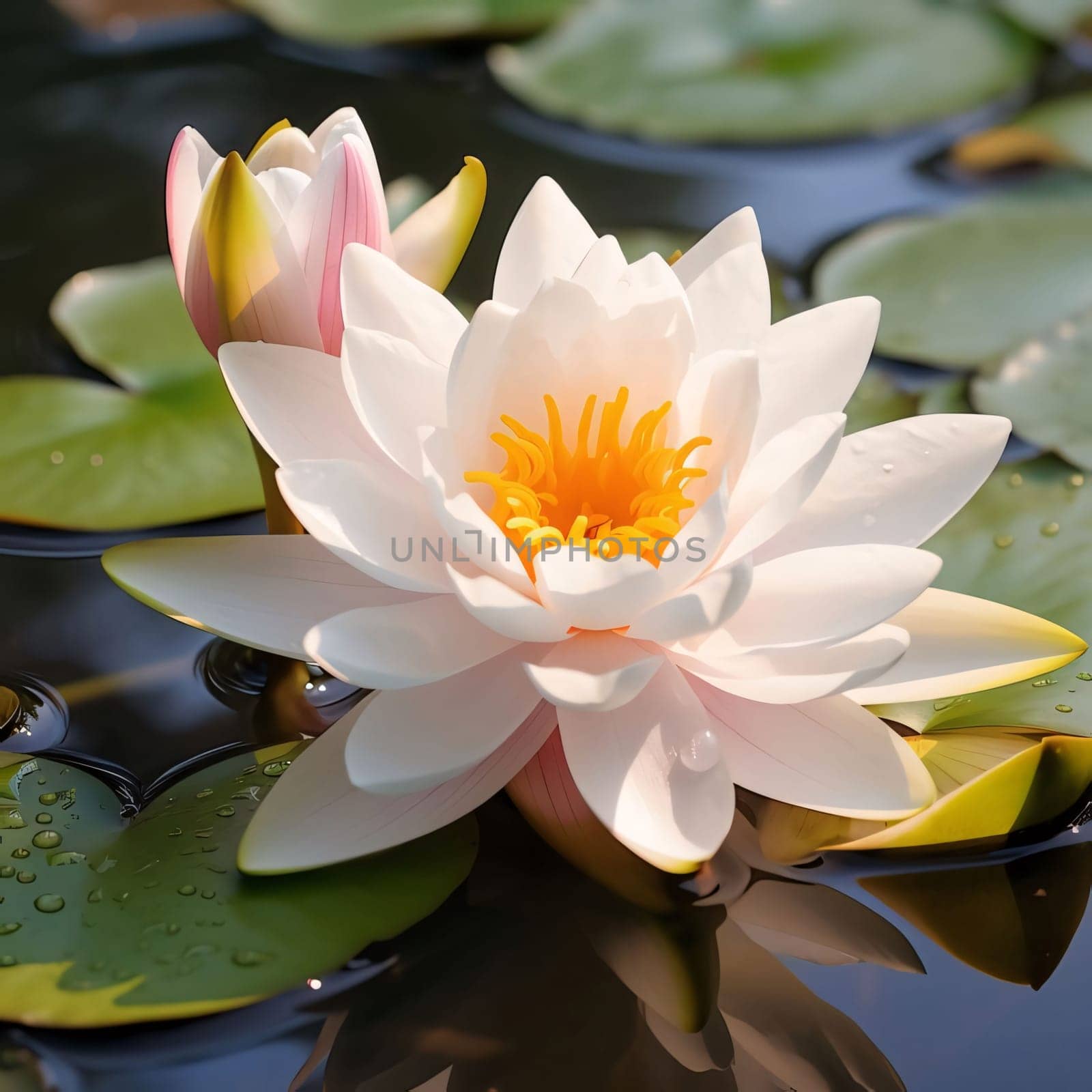 White Water Lily flower on water around green leaves. Flowering flowers, a symbol of spring, new life. A joyful time of nature waking up to life.