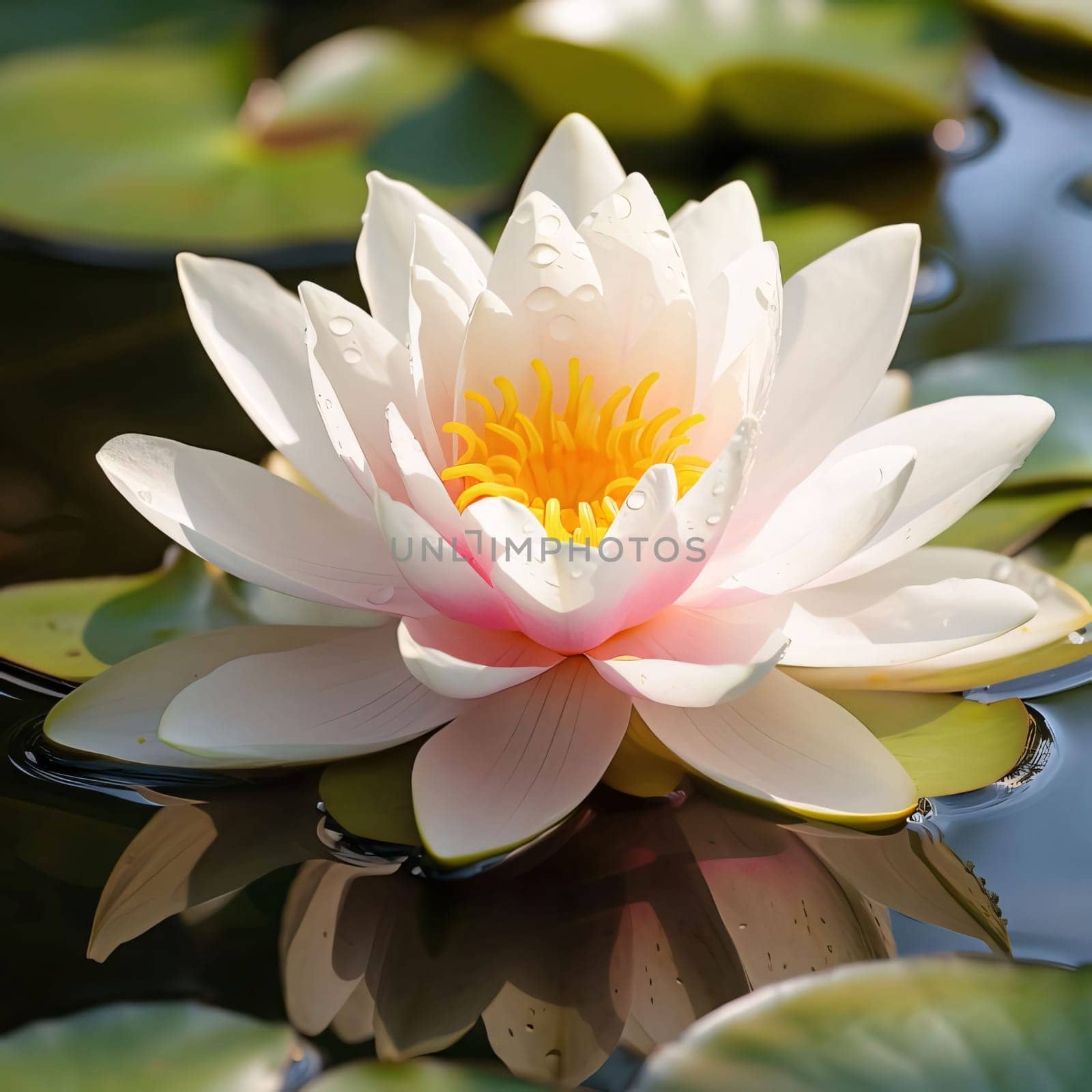 White Water Lily flower on water around green leaves. Flowering flowers, a symbol of spring, new life. by ThemesS