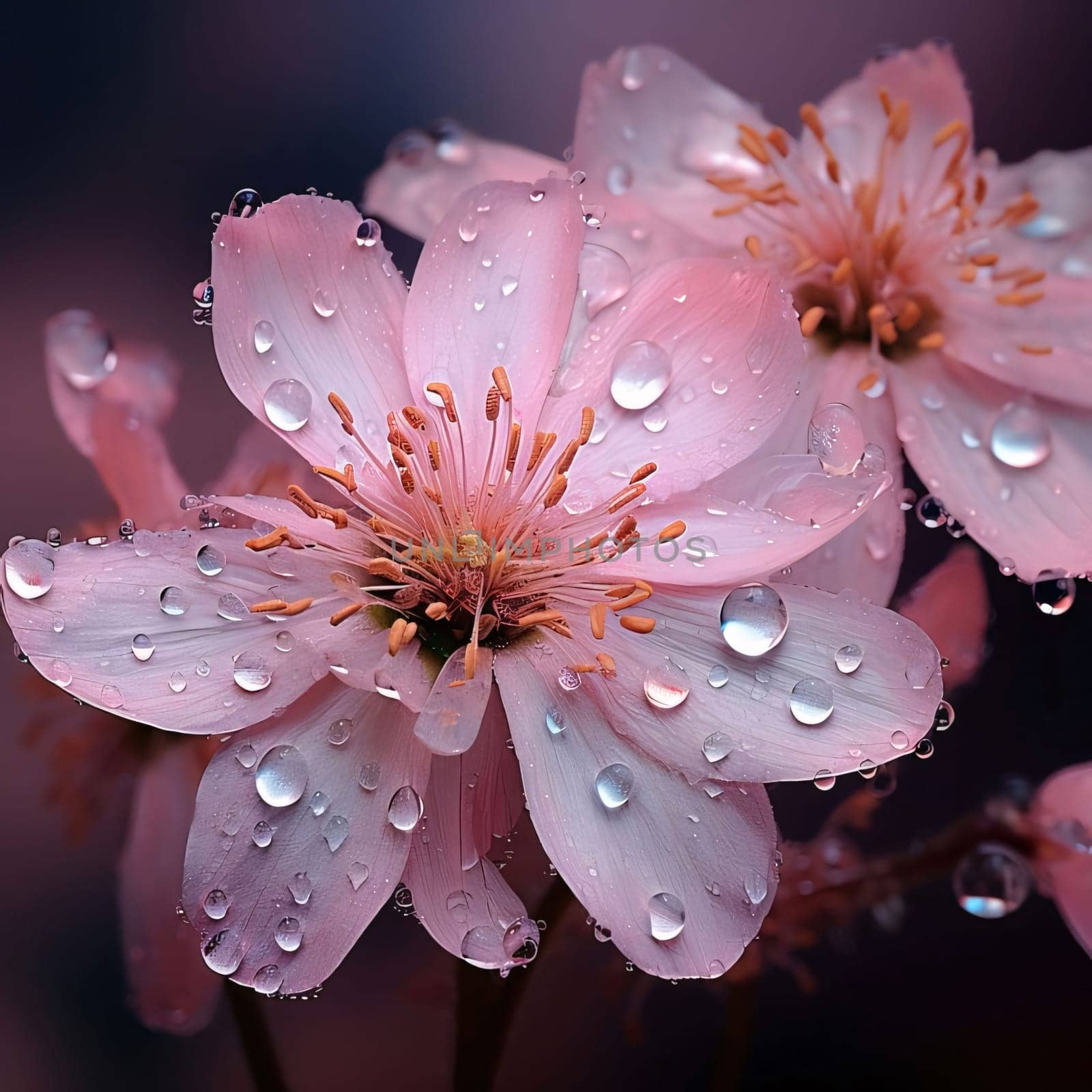 Pink flowers, petals with raindrops on a dark background. Flowering flowers, a symbol of spring, new life. A joyful time of nature waking up to life.