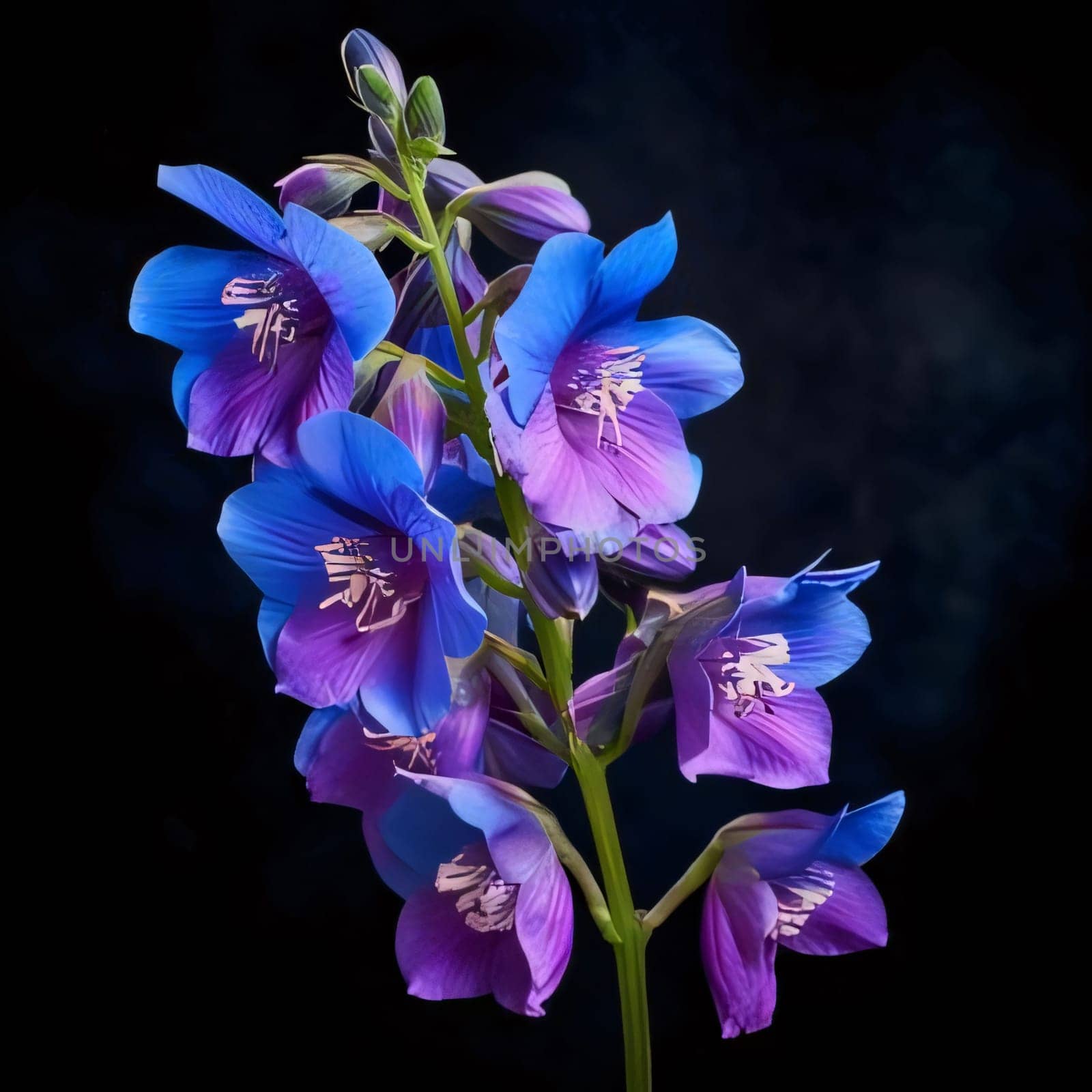 Purple orchid on black background. Flowering flowers, a symbol of spring, new life. A joyful time of nature waking up to life.
