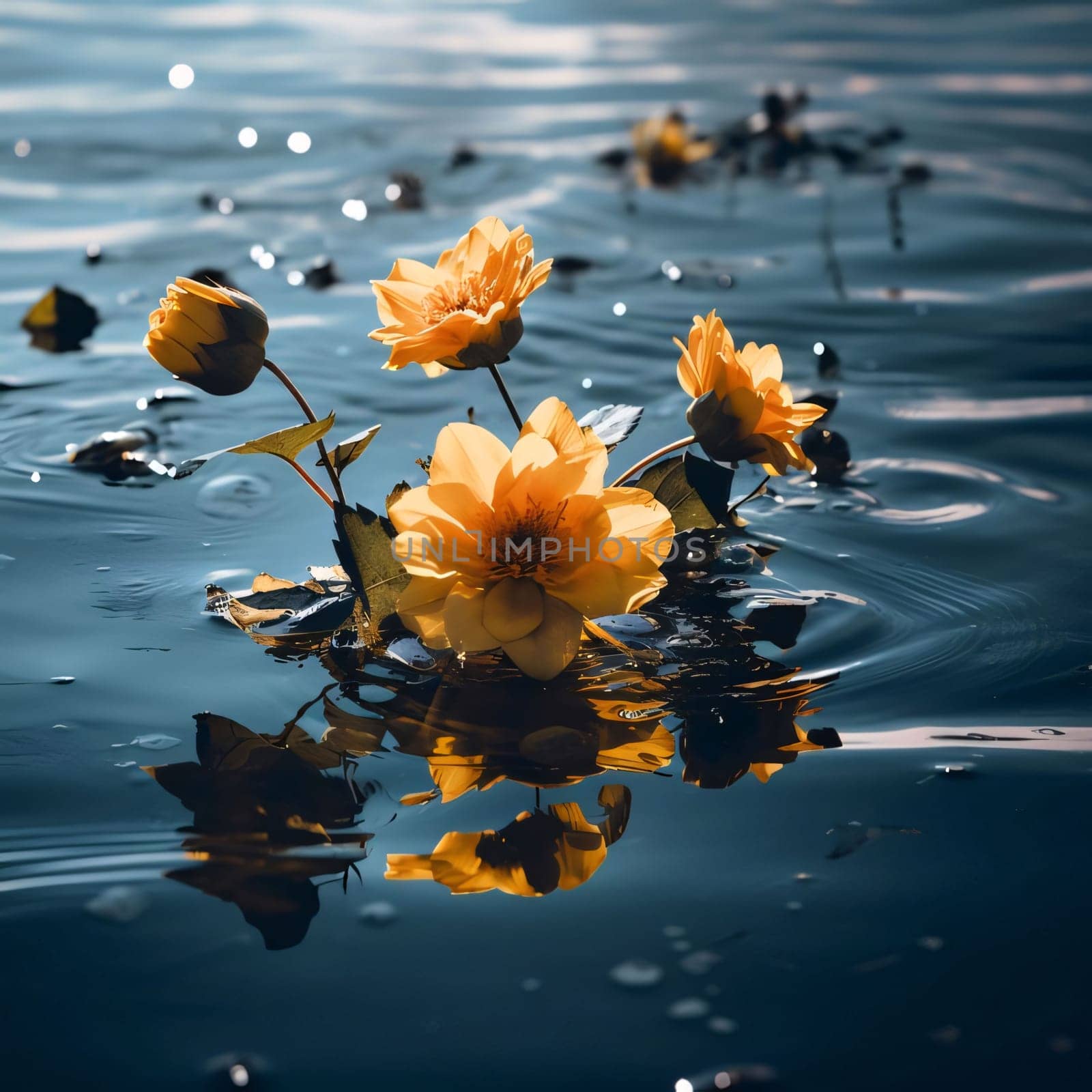 Yellow, orange flowers on the water. Flowering flowers, a symbol of spring, new life. A joyful time of nature waking up to life.