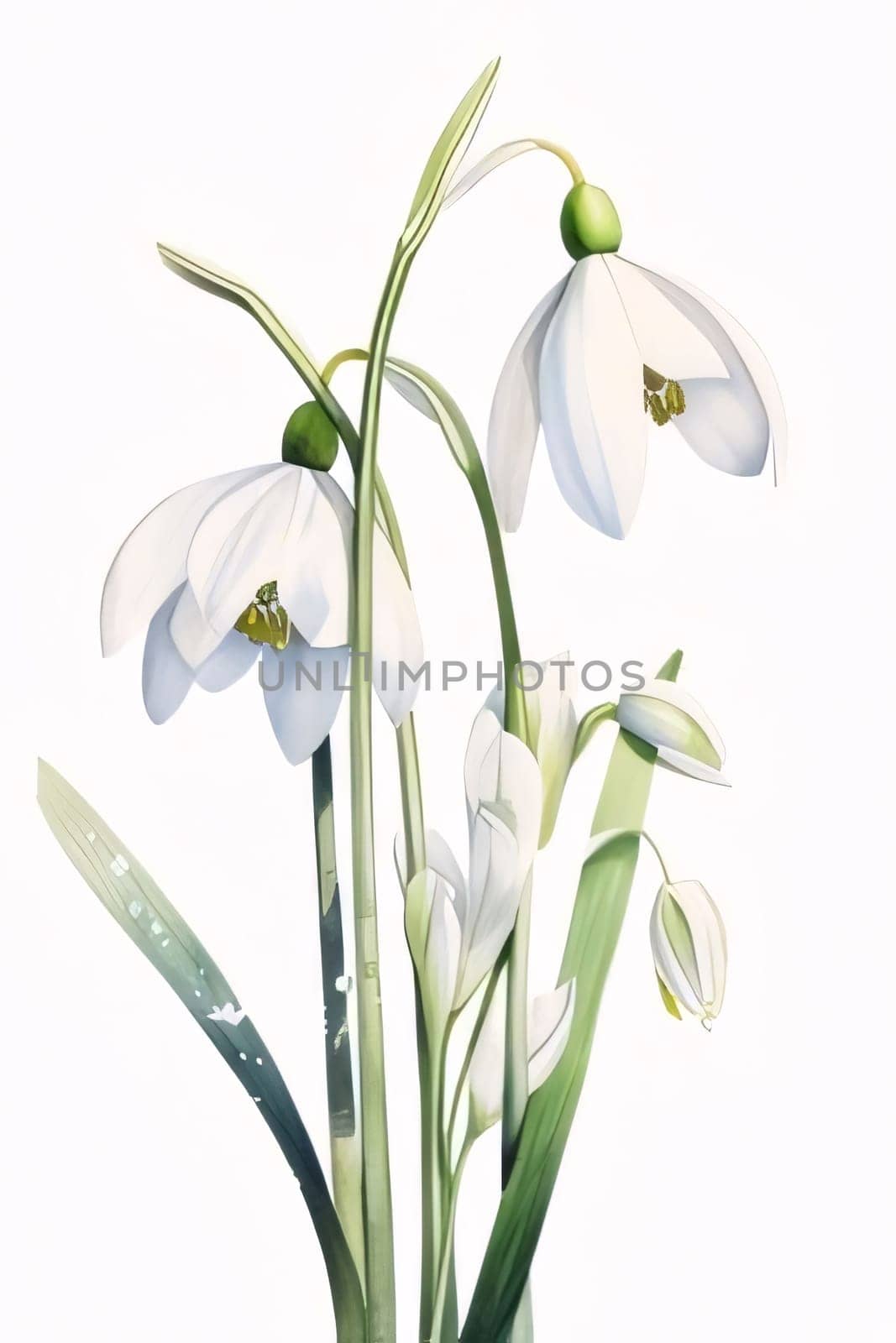 Painted, drawn, illustration, white lily flowers with green leaves on white isolated background. Flowering flowers, a symbol of spring, new life. by ThemesS