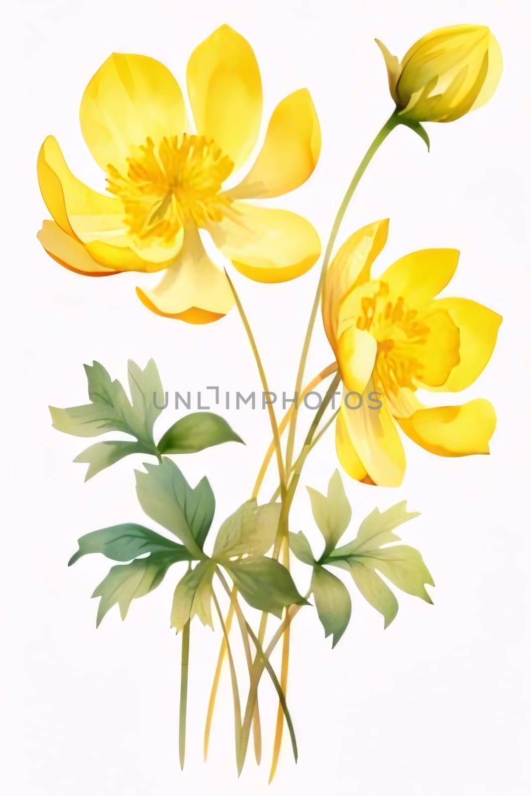 Drawn, painted bouquet of yellow flowers on isolated white background. Flowering flowers, a symbol of spring, new life. A joyful time of nature waking up to life.