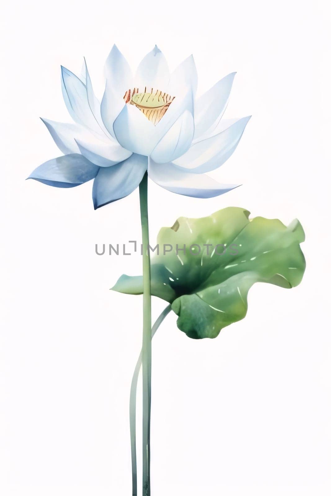 Drawn, painted white lotus flower on isolated white background. Flowering flowers, a symbol of spring, new life. A joyful time of nature waking up to life.