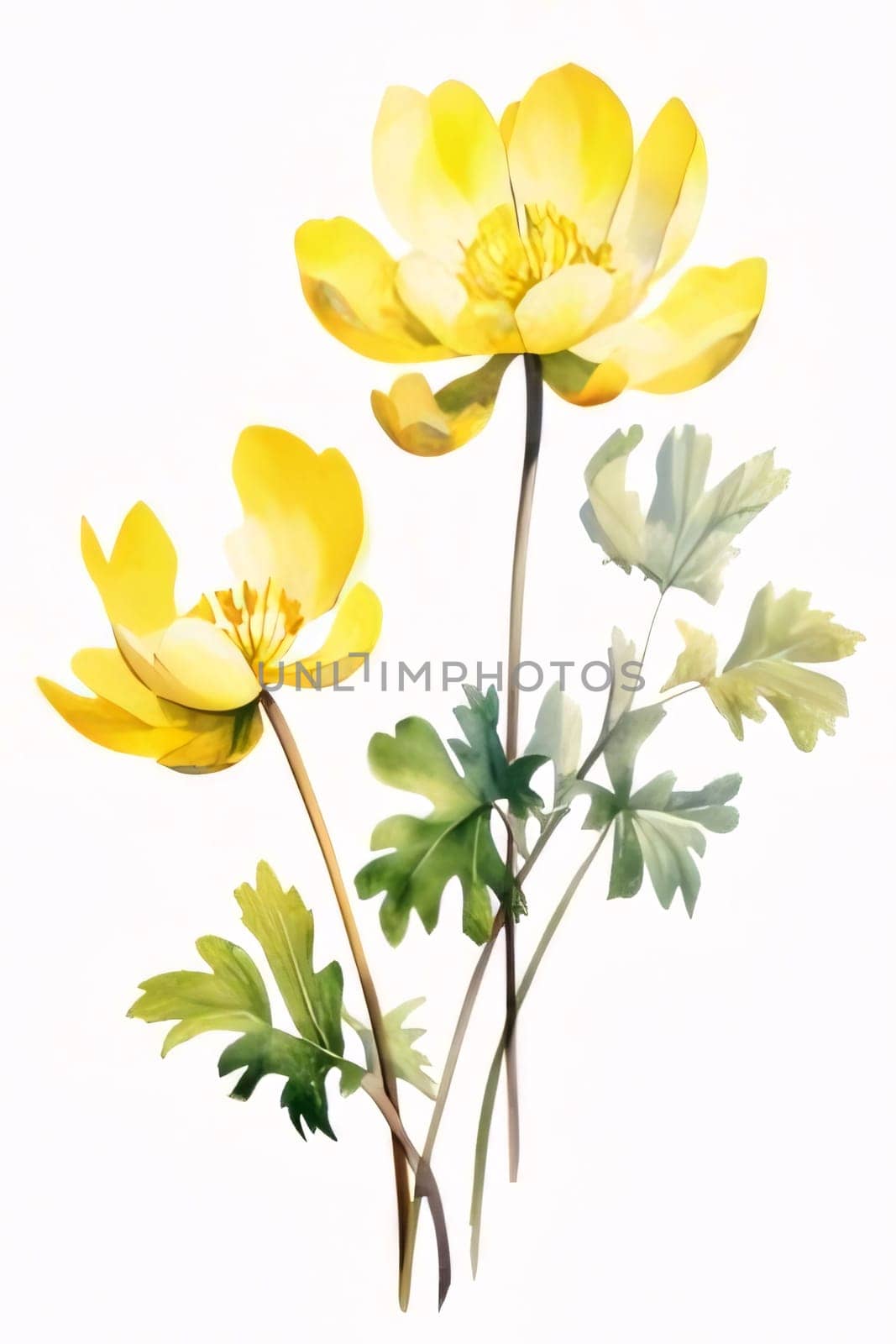 Drawn, painted image yellow flowers on isolated white background. Flowering flowers, a symbol of spring, new life. by ThemesS