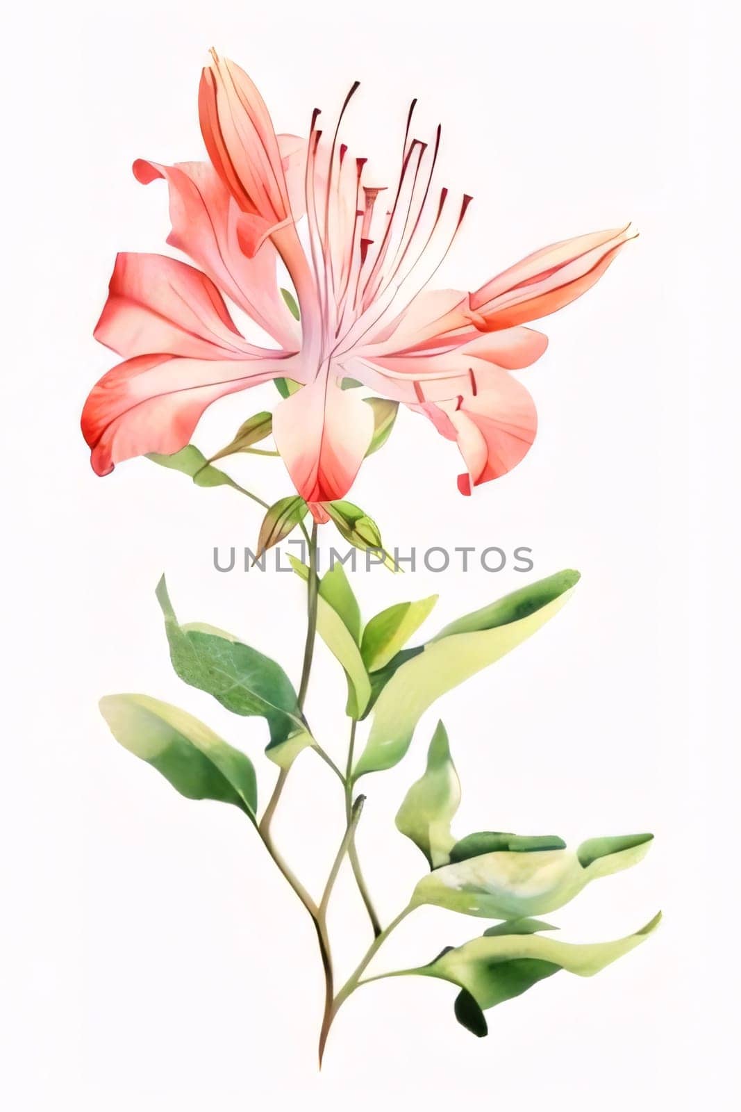 Drawn, painted red flower on isolated white background. Flowering flowers, a symbol of spring, new life. A joyful time of nature waking up to life.